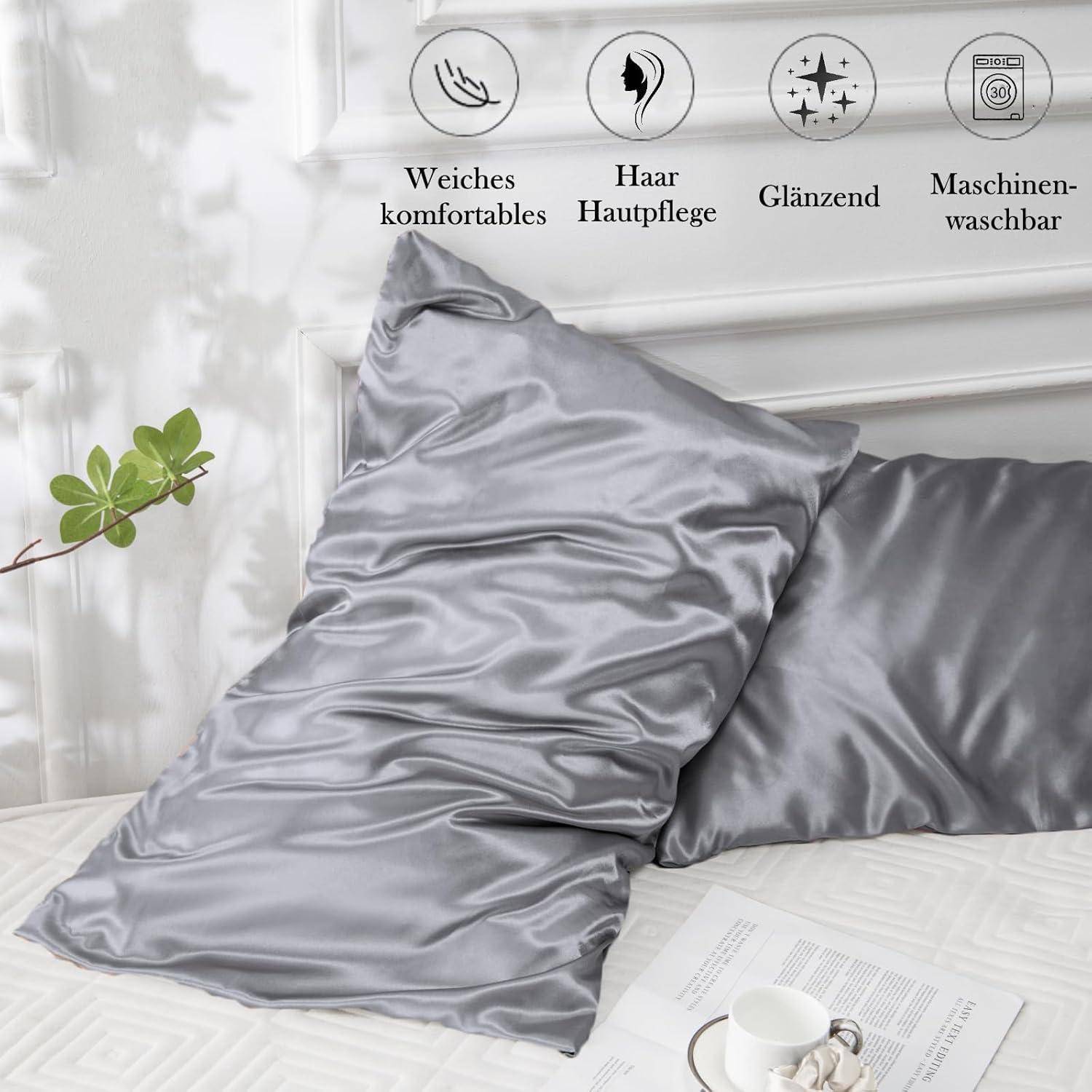Satin Kissenbezug Set 50x80 Grau mit Haargummis - Pflege für Haar und