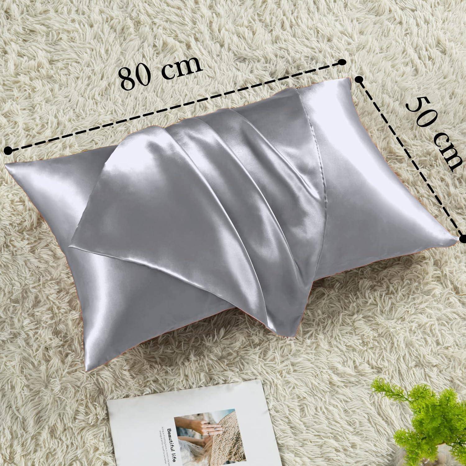 Satin Kissenbezug Set 50x80 Grau mit Haargummis - Pflege für Haar und