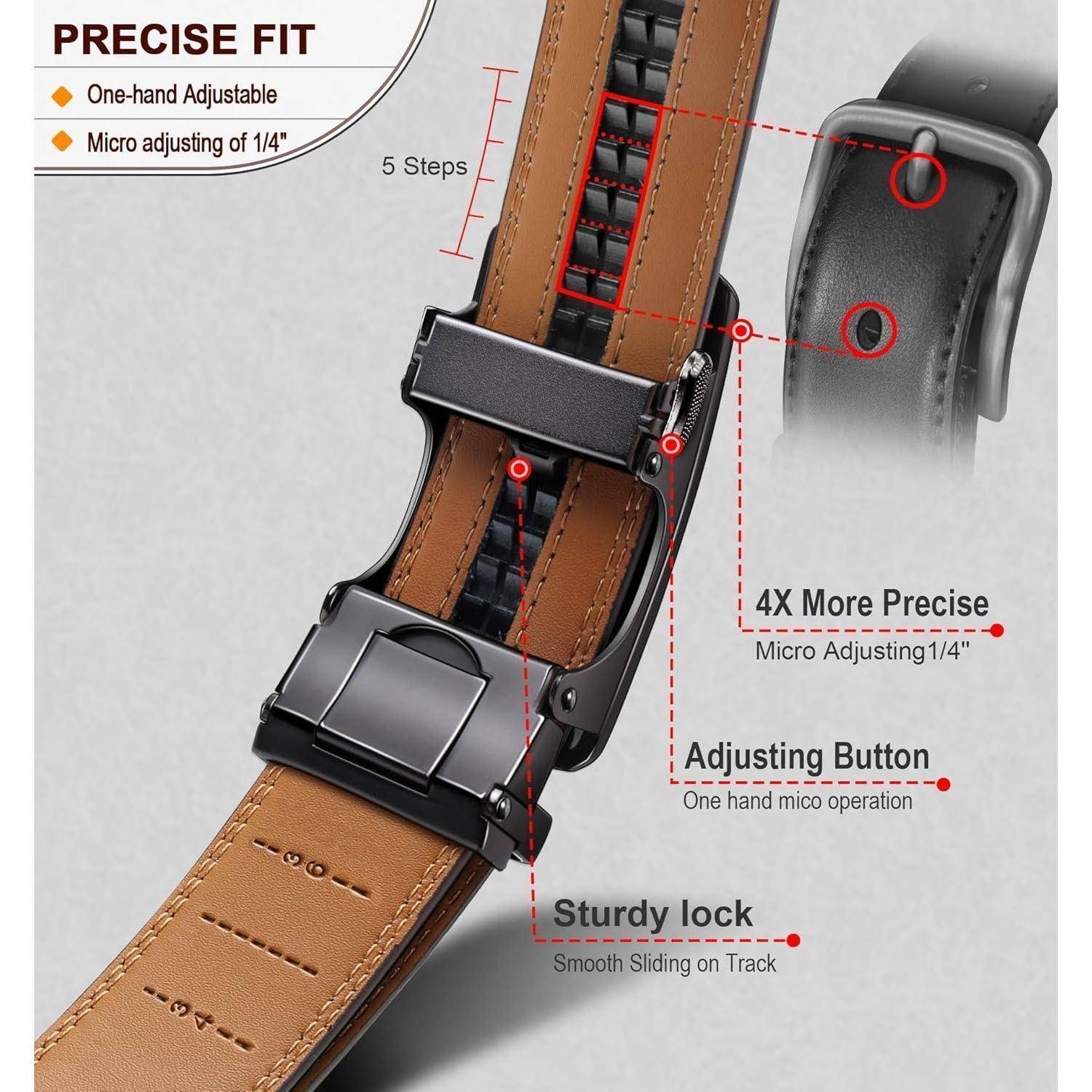 Passgenauer Gürtel mit Mikro-Verstellfunktion. Detaillierte Ansicht der Mechanismen: Verstellknopf, Mikroschritte und robuster Verschluss für geschmeidiges Gleiten.