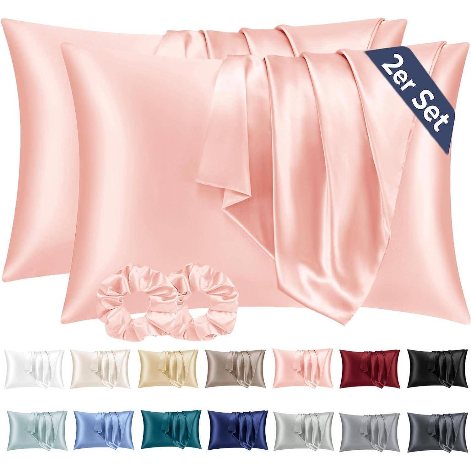 Satin Kissenbezug 50x70 Rosa mit Haargummis, Pflege für Haar und Haut