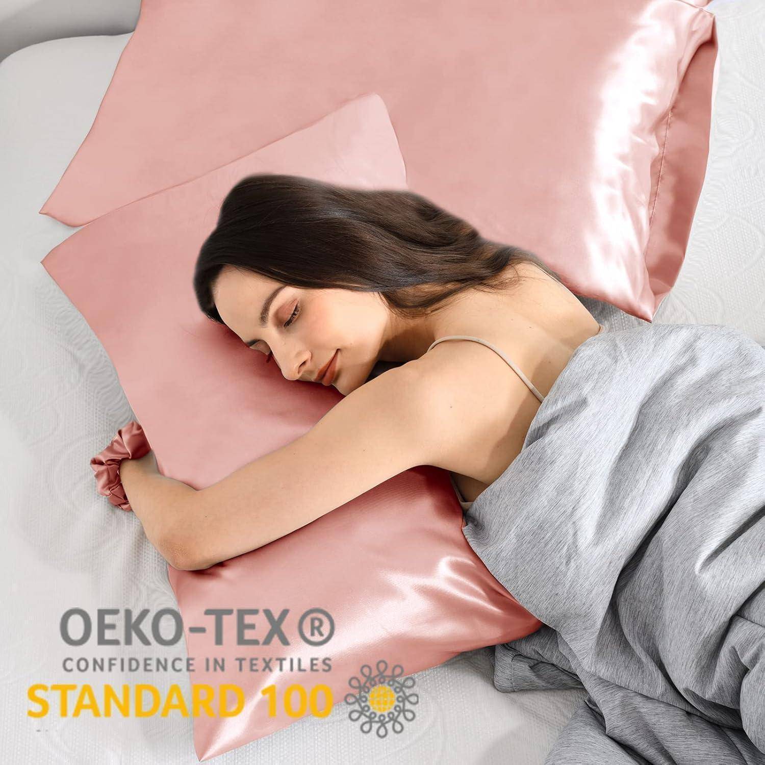 Satin Kissenbezug 50x70 Rosa mit Haargummis, Pflege für Haar und Haut