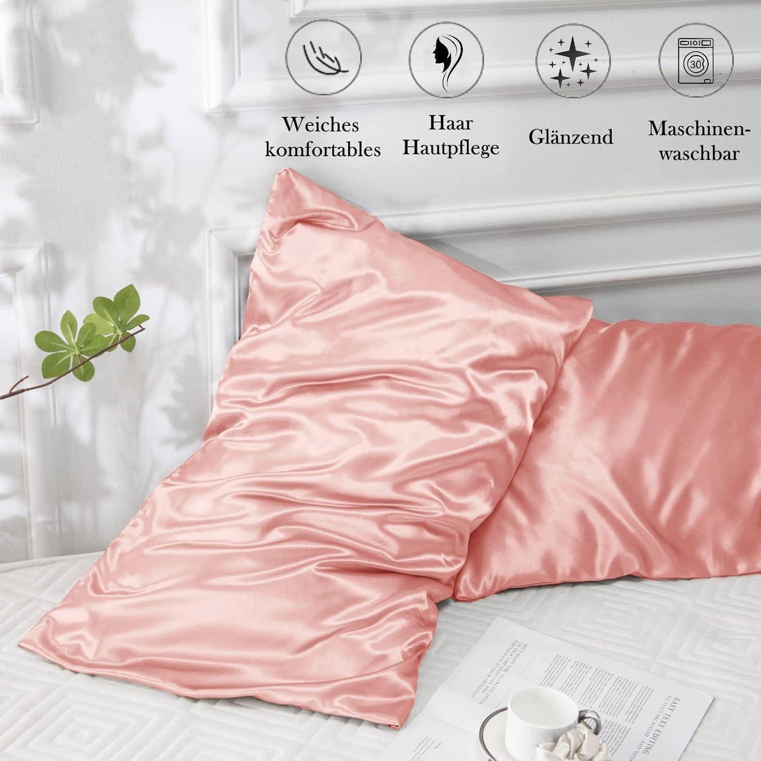 Satin Kissenbezug 50x70 Rosa mit Haargummis, Pflege für Haar und Haut