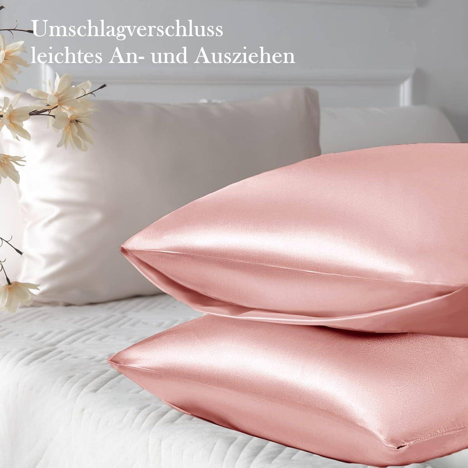 Satin Kissenbezug 50x70 Rosa mit Haargummis, Pflege für Haar und Haut