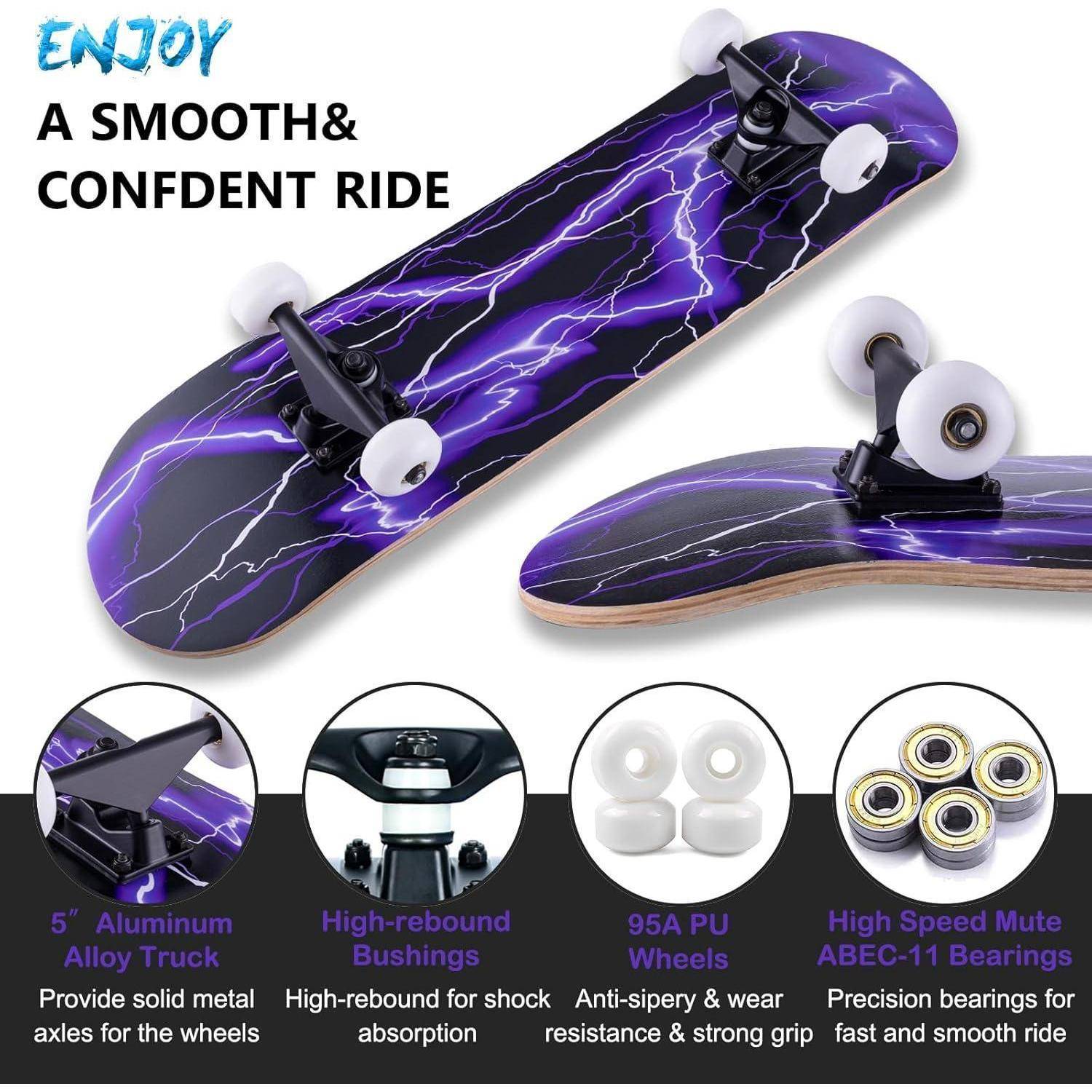 Skateboard 31 x 8 Zoll 8-lagiges Ahornholz ABEC-11 Kugellager Purple