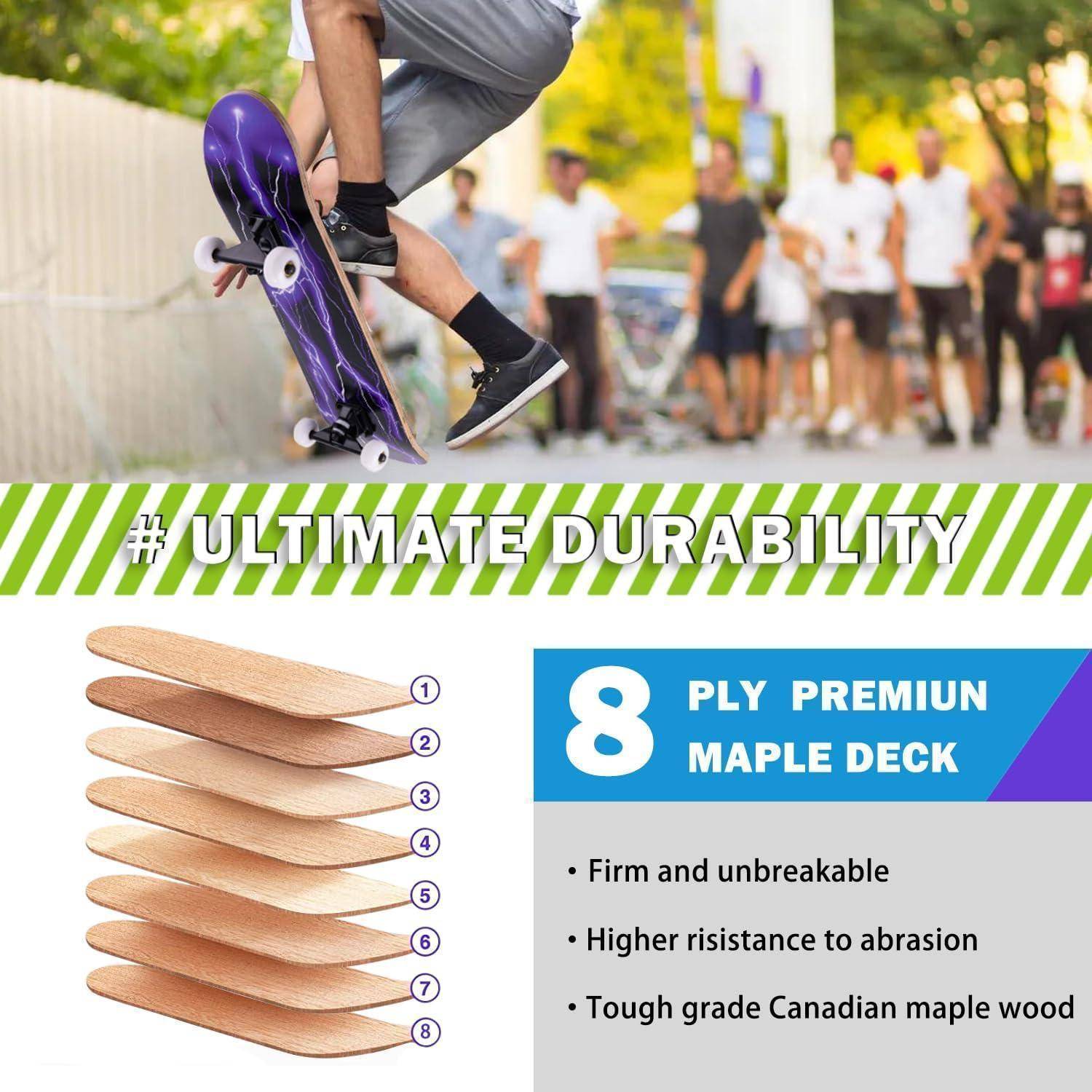 Skateboard 31 x 8 Zoll 8-lagiges Ahornholz ABEC-11 Kugellager Purple