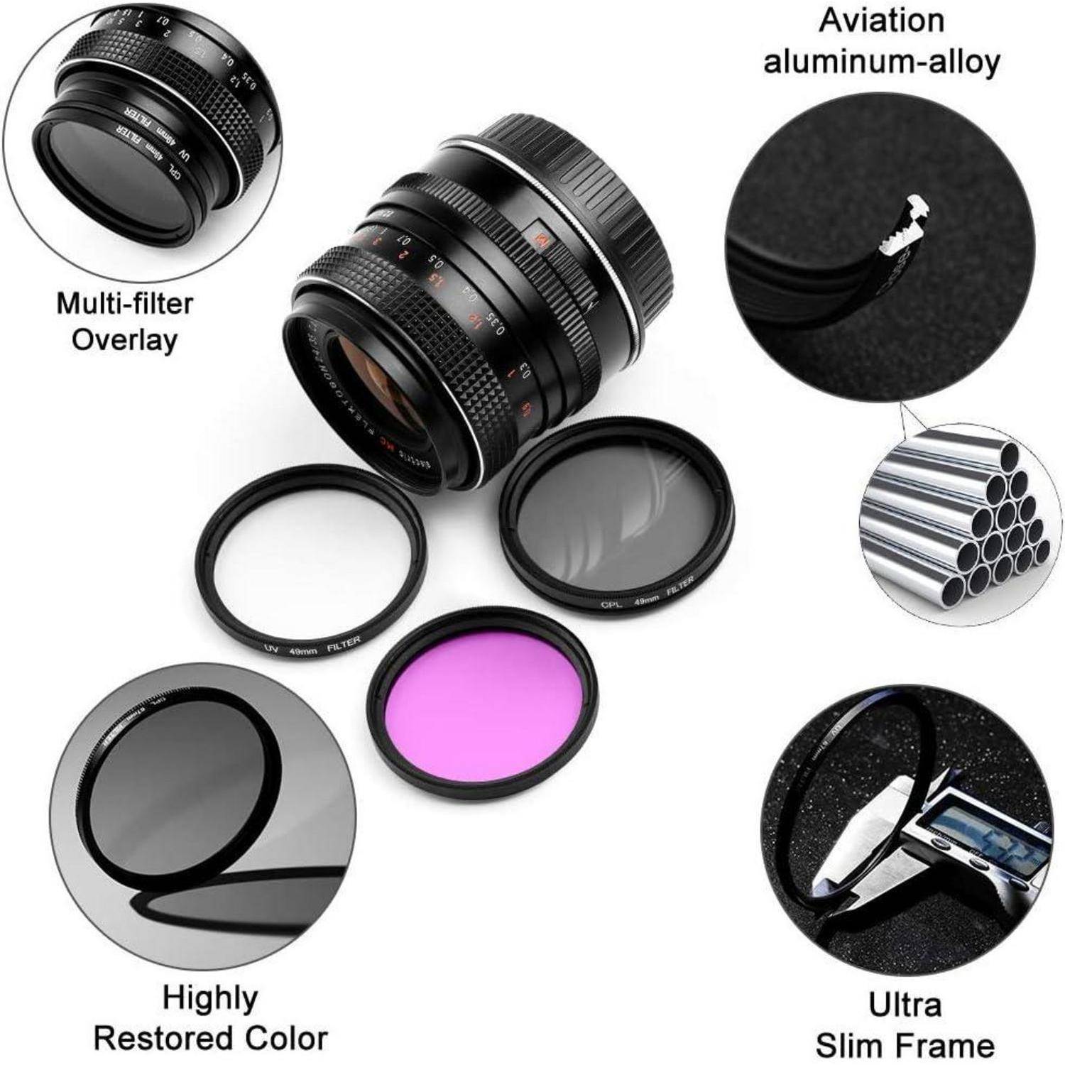 49mm UV CPL FLD Filter Set mit Objektivdeckel und Reinigungstuch