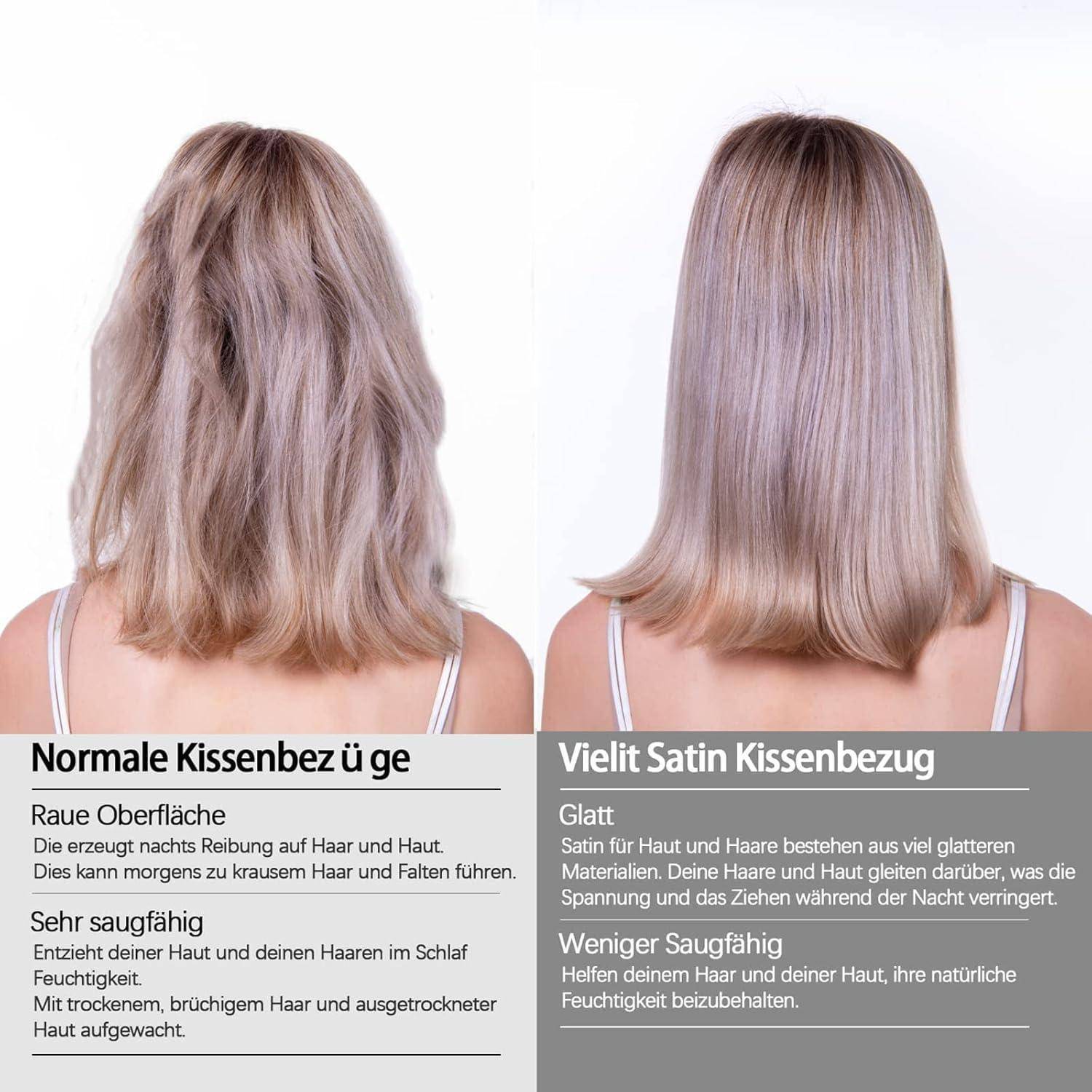 Zwei Bilder zeigen Unterschiede in der Haartextur bei verschiedenen Kissenmaterialien. Links: raue Textur von Baumwolle. Rechts: glatte Textur von Satin. Beschreibungen auf Deutsch erklären die Auswirkungen auf Haut und Haar.