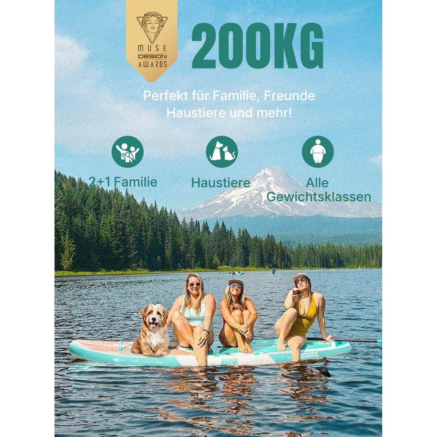 Menschen und ein Hund sitzen auf einem Paddleboard in einem See mit bewaldeter Bergkulisse. Der Text betont eine Tragfähigkeit von 200 kg für Familien und Haustiere.