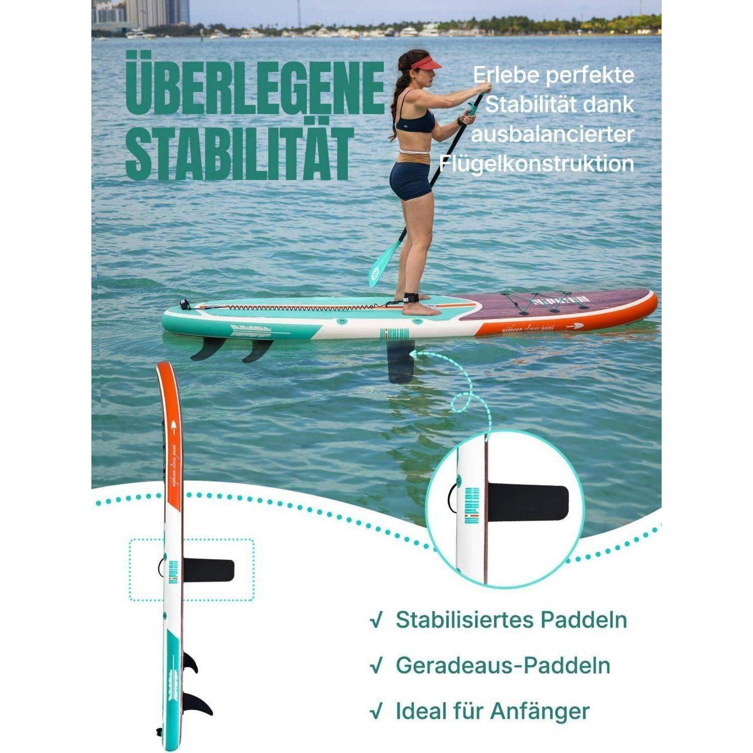 Eine Frau auf einem Paddleboard auf ruhigem Wasser, Texthervorhebung: 'Überlegene Stabilität' und Merkmale wie Balance und Anfängertauglichkeit.