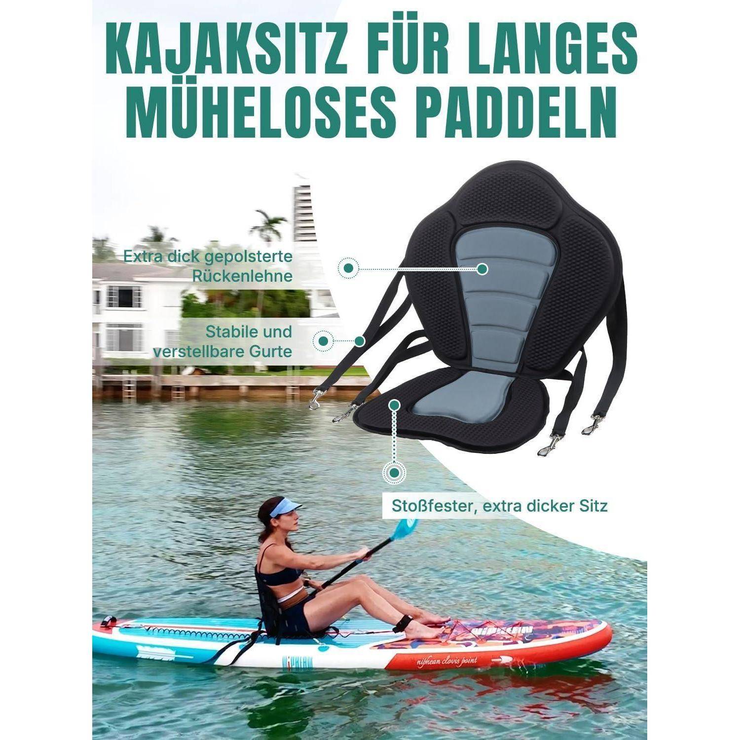 Eine Frau, die auf einem Wasserbrett mit einem ausgezeichneten Kajakssitz paddelt. Der Text auf Deutsch bewirbt Komfort und Stabilität für lange Paddeleinheiten.