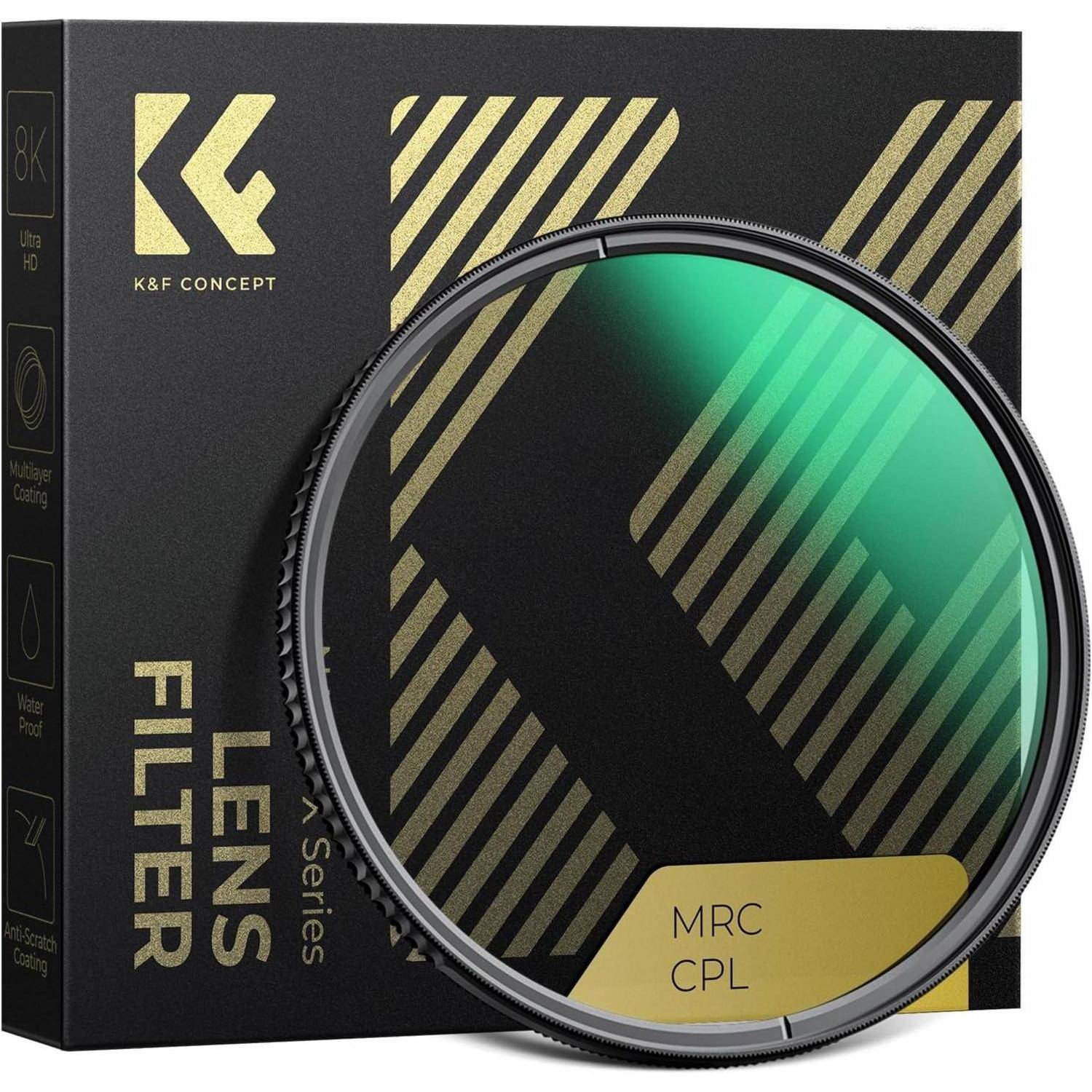 Ein Objektivfilter mit grünlicher Tönung, beschriftet mit 'MRC CPL', wird vor seiner Verpackungsbox platziert, die mit Markenbeschriftung und dem Aufdruck 'Objektivfilter' versehen ist.