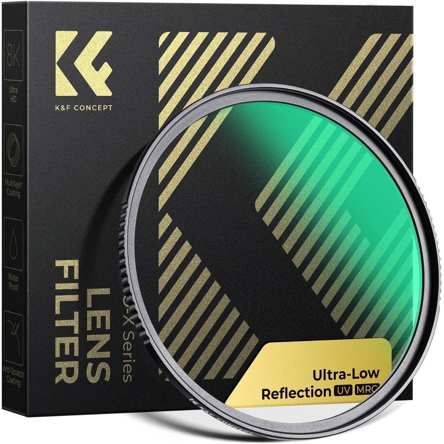 Ein Kameraobjektivfilter mit grünlicher Tönung, beschriftet mit 