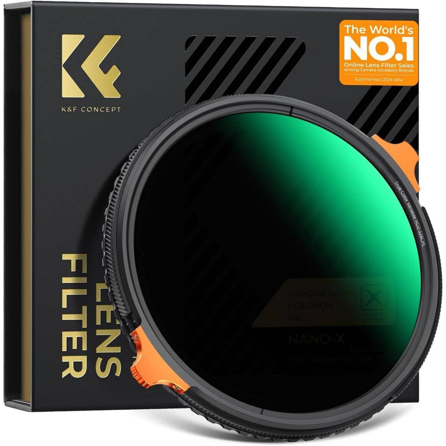 Ein K&F Concept Objektivfilter in Verpackung, der den Anspruch ‚Die Nummer 1 der Welt' und die Nano-X-Technologie hervorhebt, mit orangefarbenen Griffakzenten.