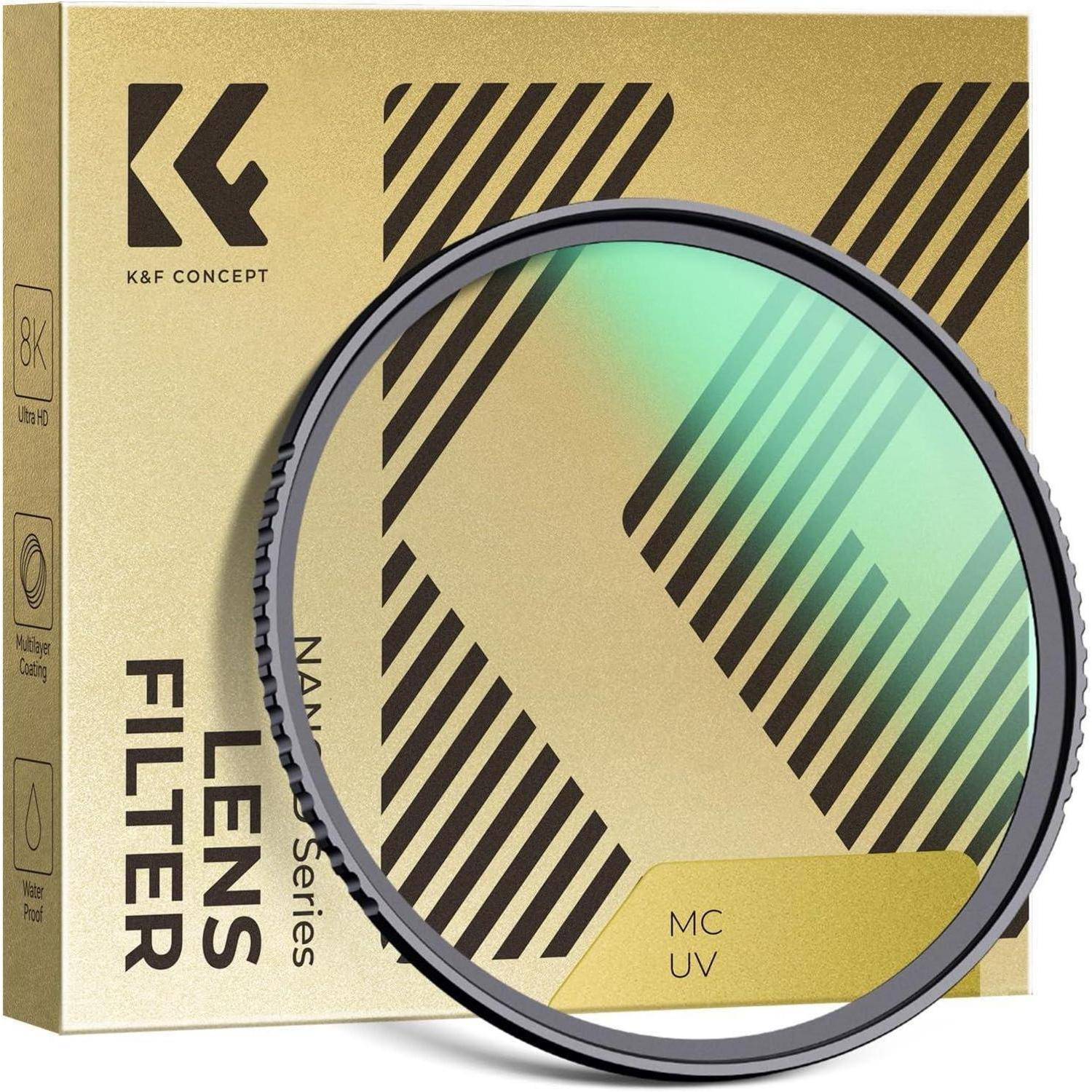 Eine Verpackung eines K&F Concept MC UV-Objektivfilters, die den Filter mit einer gold-schwarzen Schachtel zeigt. Der Filter ist kreisrund mit einem grünlich-transparenten Ton.