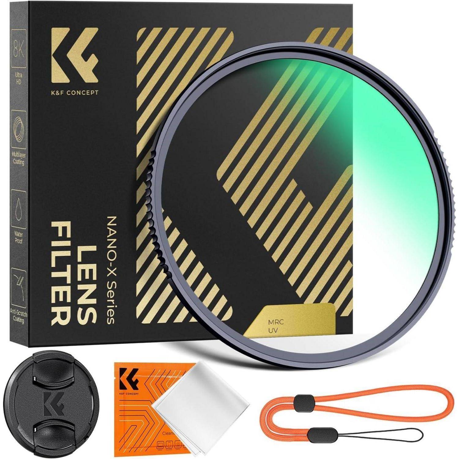 K&F Concept NANO X Series MRC UV-Objektivfilter-Paket enthält Filter, Objektivdeckel, Reinigungstuch und orangefarbenes Tragband.