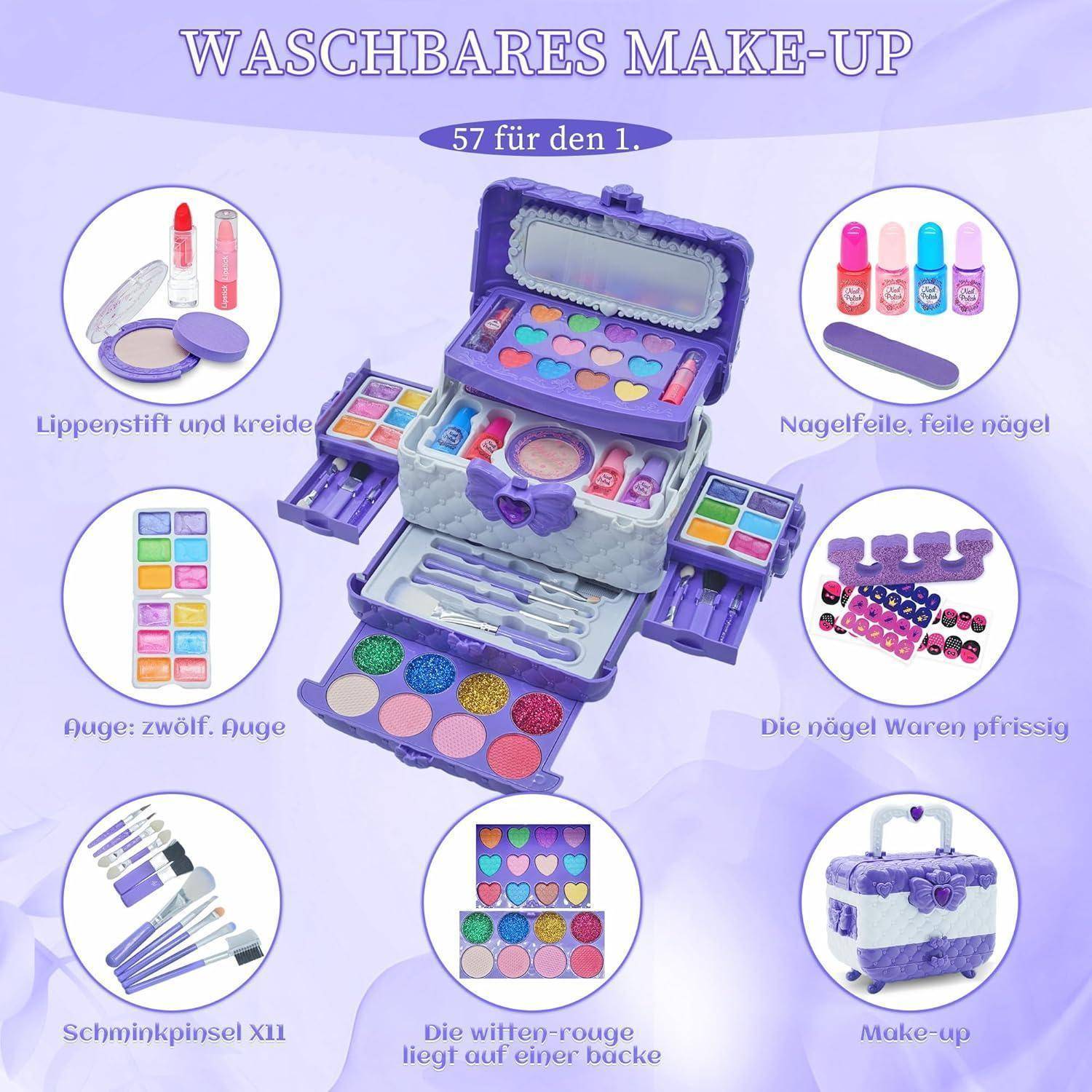 Kinderschminke Set Mädchen 57 PCS Schminkkoffer Waschbar Make Up