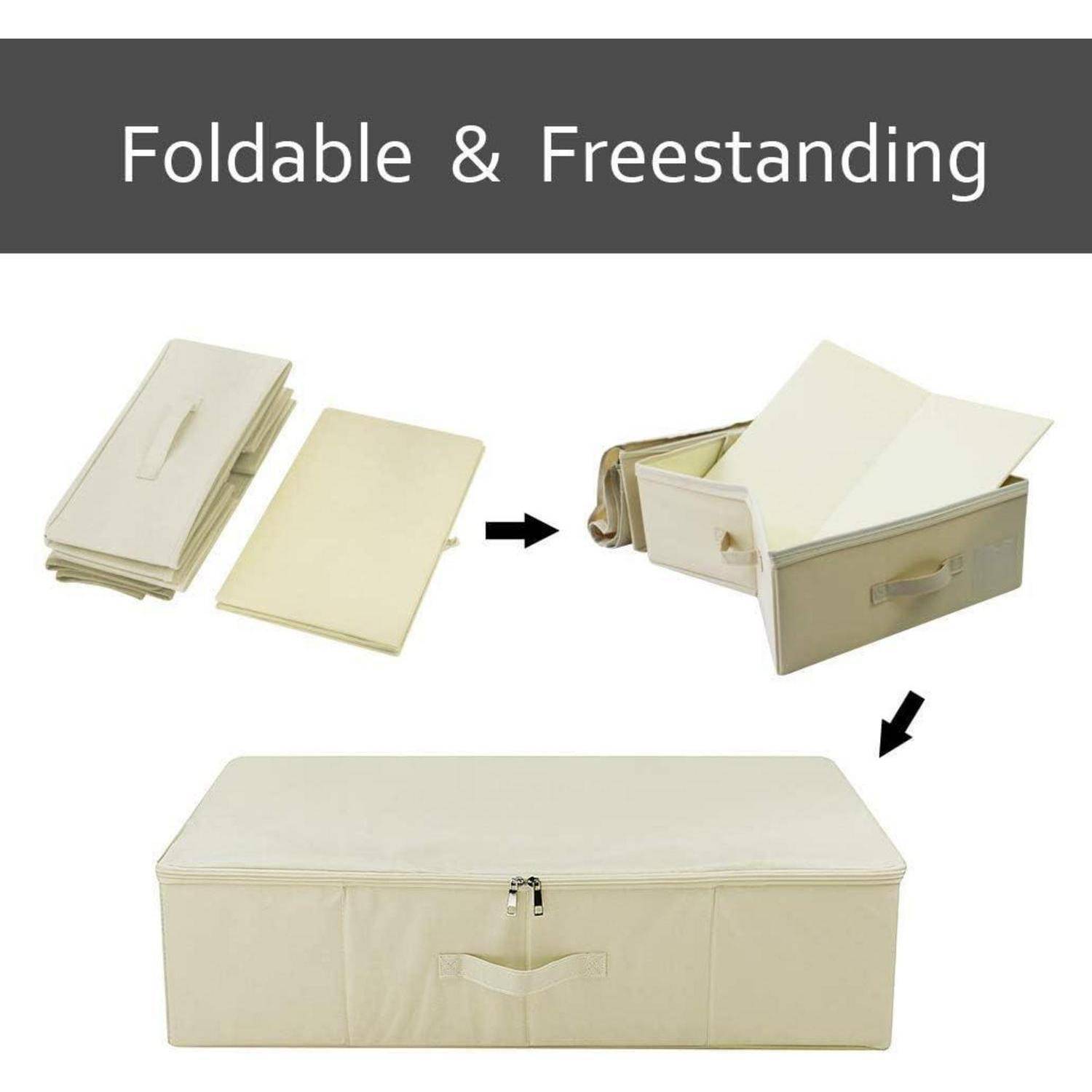 Faltbare & freistehende Aufbewahrungsbox, gezeigt in gefalteter, teilweise geöffneter und vollständig zusammengebauter Position. In Beige-Farbe mit Reißverschluss und Griffen.