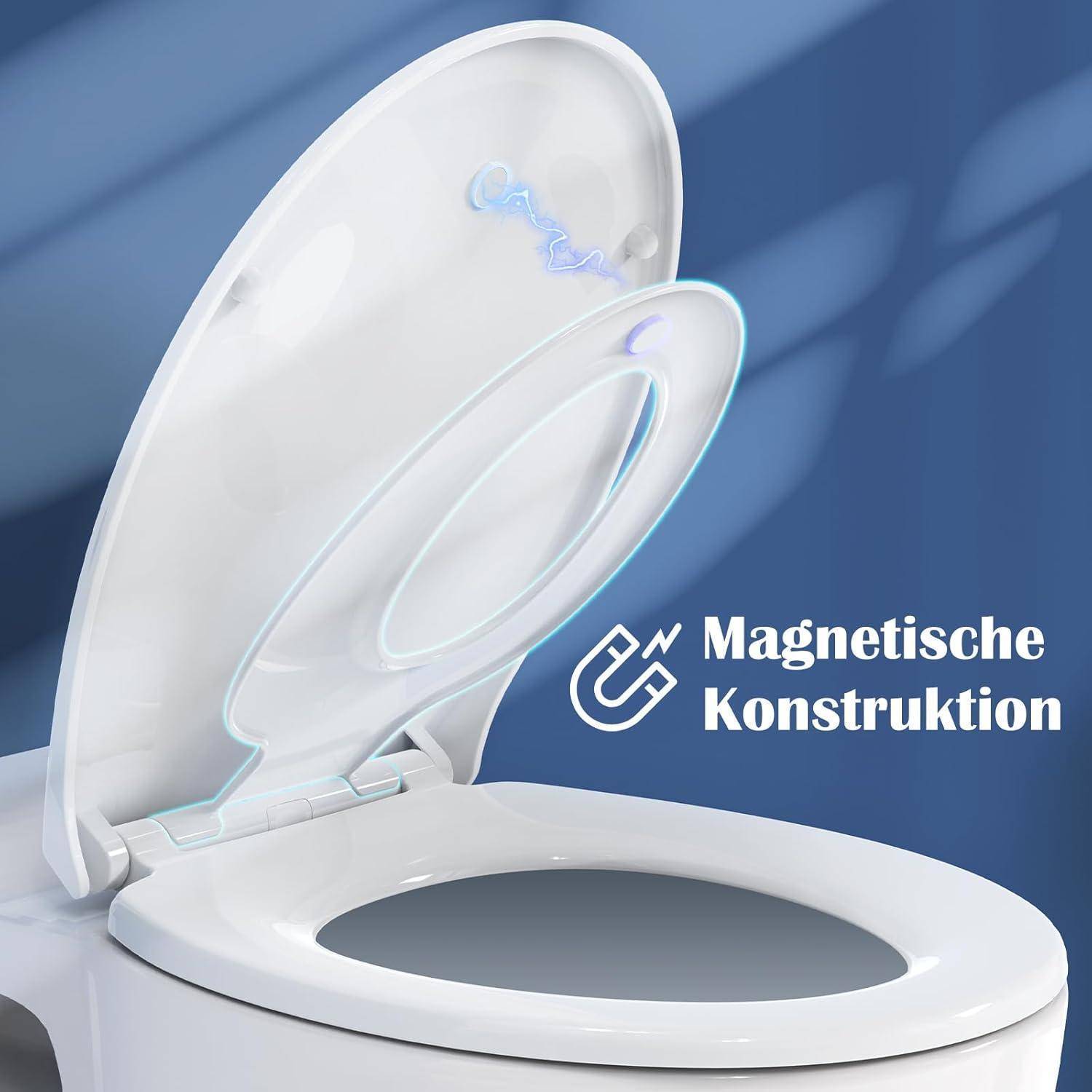 Ein Toilettensitz mit einem leuchtenden Rand ist zu sehen, mit dem Text ‚Magnetische Konstruktion', der auf eine magnetische Konstruktion hinweist.