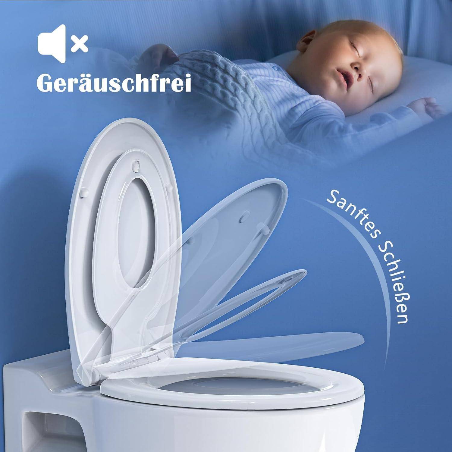 Ein schlafendes Baby wird gezeigt mit einem Toilettensitz, der leise schließt, beschriftet mit 'Sanftes Schließen'. Ein Lautsprechersymbol zeigt 'Geräuschfrei' an.