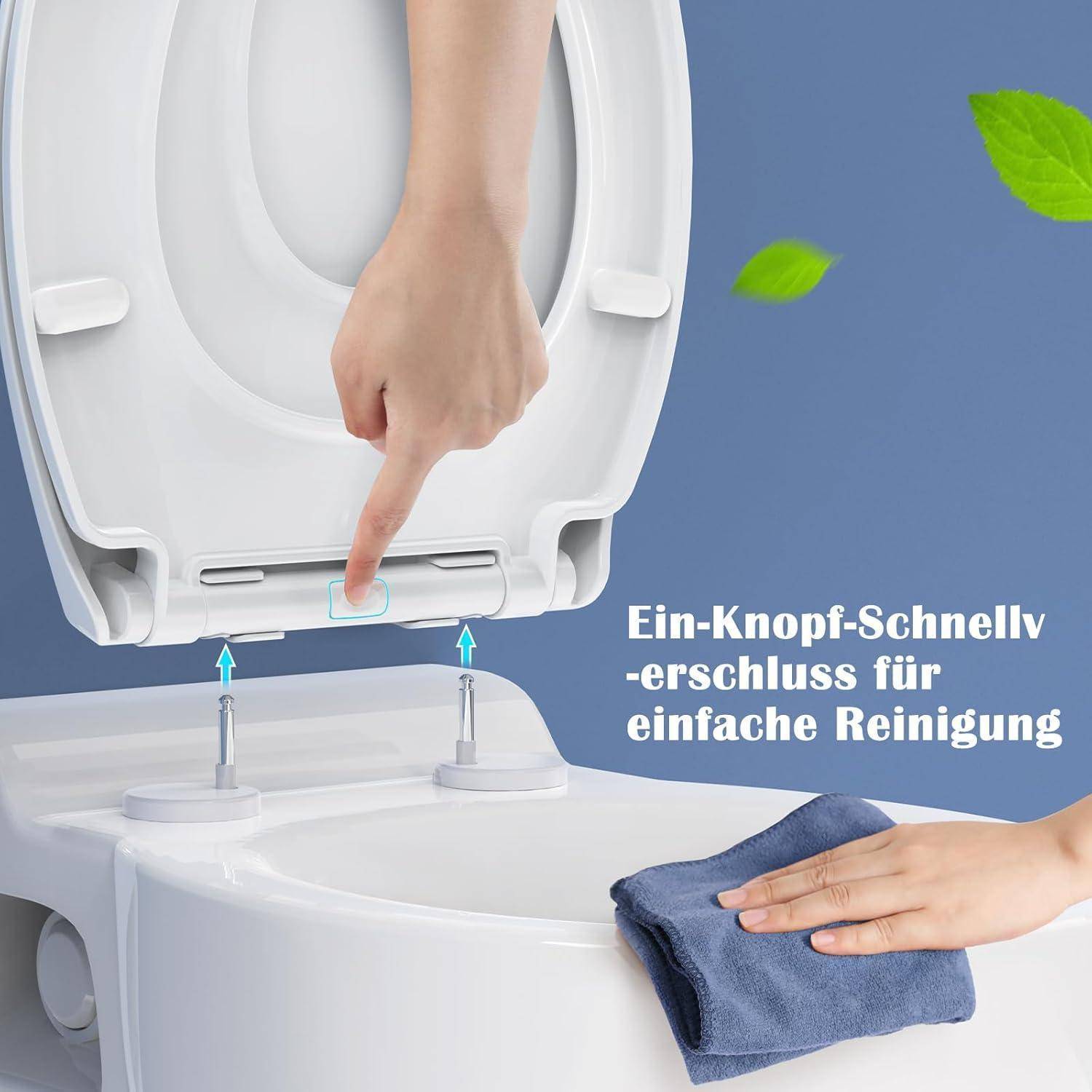 Eine Hand drückt einen Knopf unter einem Toilettensitz für einfaches Abnehmen, mit einem Reinigungstuch in der Nähe. German text: 'Ein-Knopf-Schnellverschluss für einfache Reinigung.