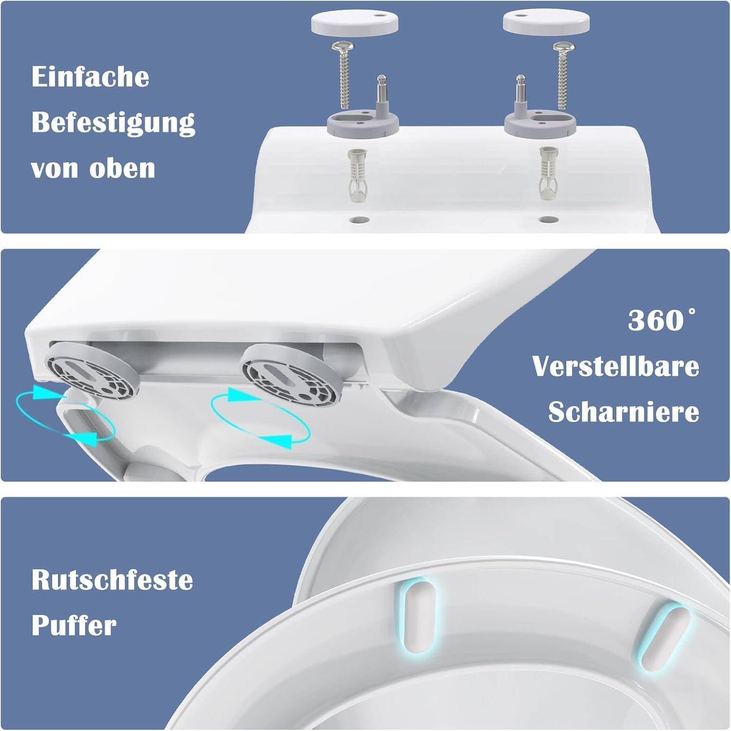 Das Bild zeigt einen Toilettensitz mit folgenden Merkmalen: einfache Montage von oben, 360° verstellbare Scharniere und rutschfeste Puffer.