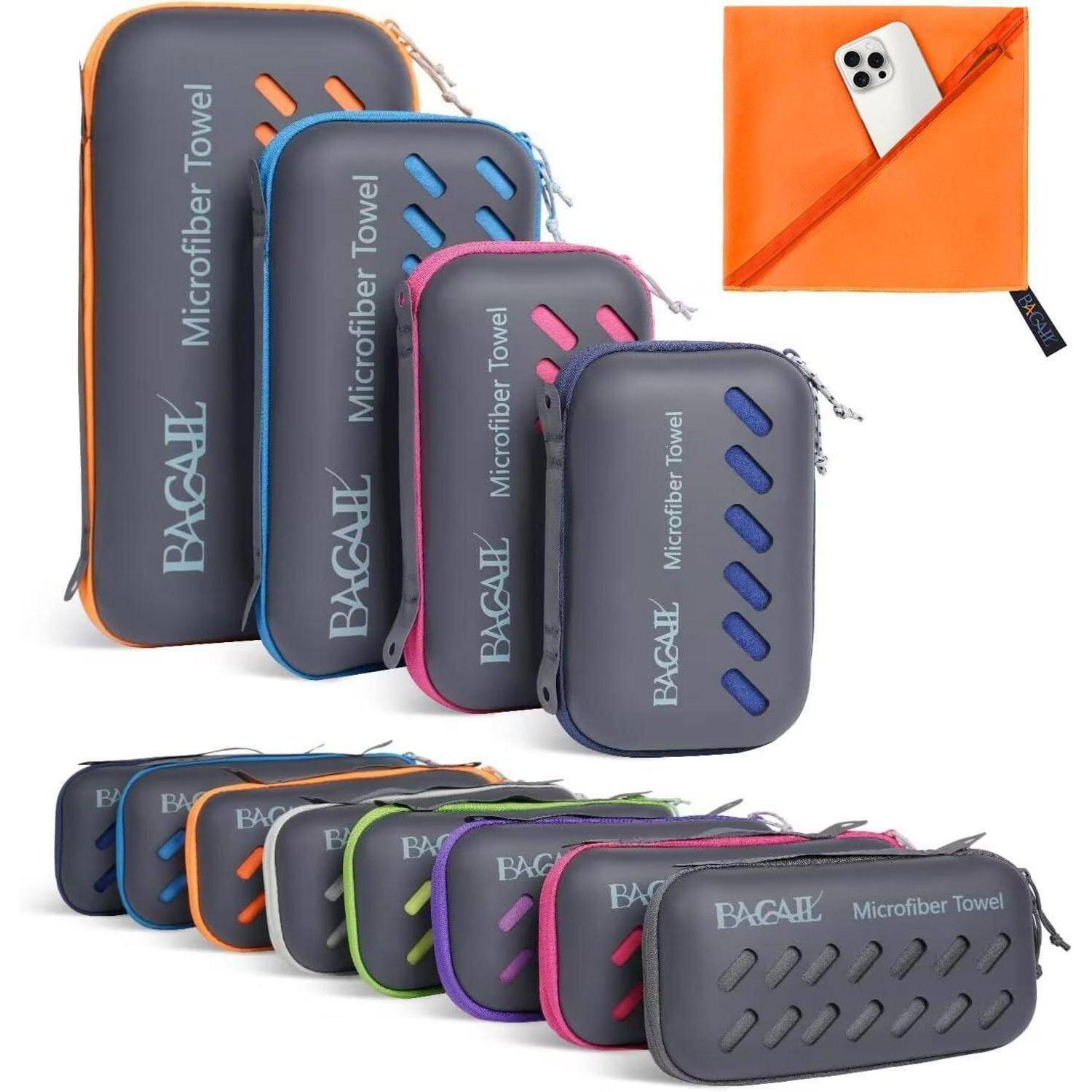 Ein Set aus Mikrofasertüchern in verschiedenen Farben mit Tragetaschen, präsentiert mit einem orangefarbenen Handtuch, das ein Smartphone hält und die Mobilität betont.