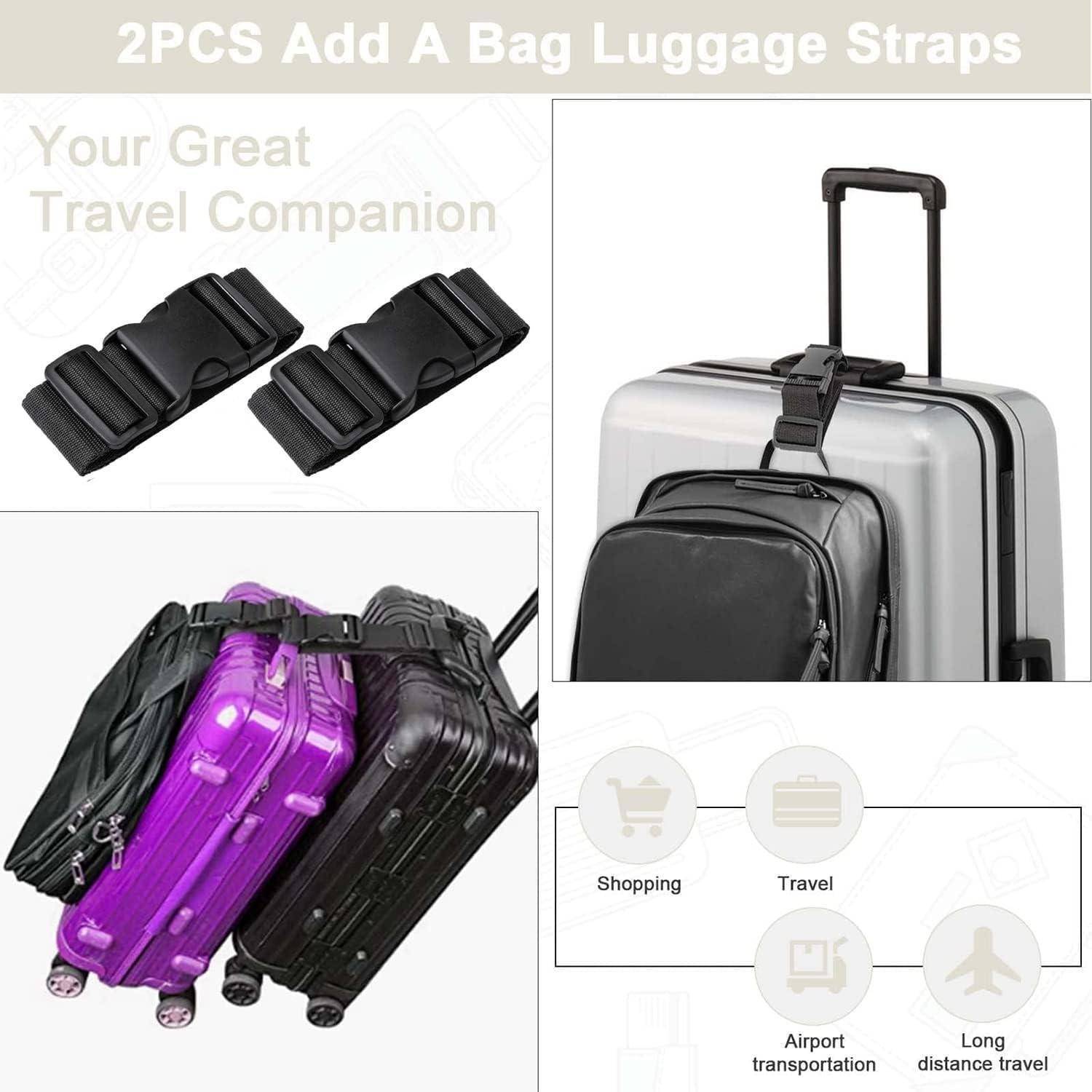Gepäckgurte, die eine schwarze Tasche am Koffergriff sichern, mit Text: '2 Stück Zusatz-Gepäckgurte - Ihr perfekter Reisebegleiter'. Symbole für Einkaufen, Reisen, Flughaftransport und Fernreisen.