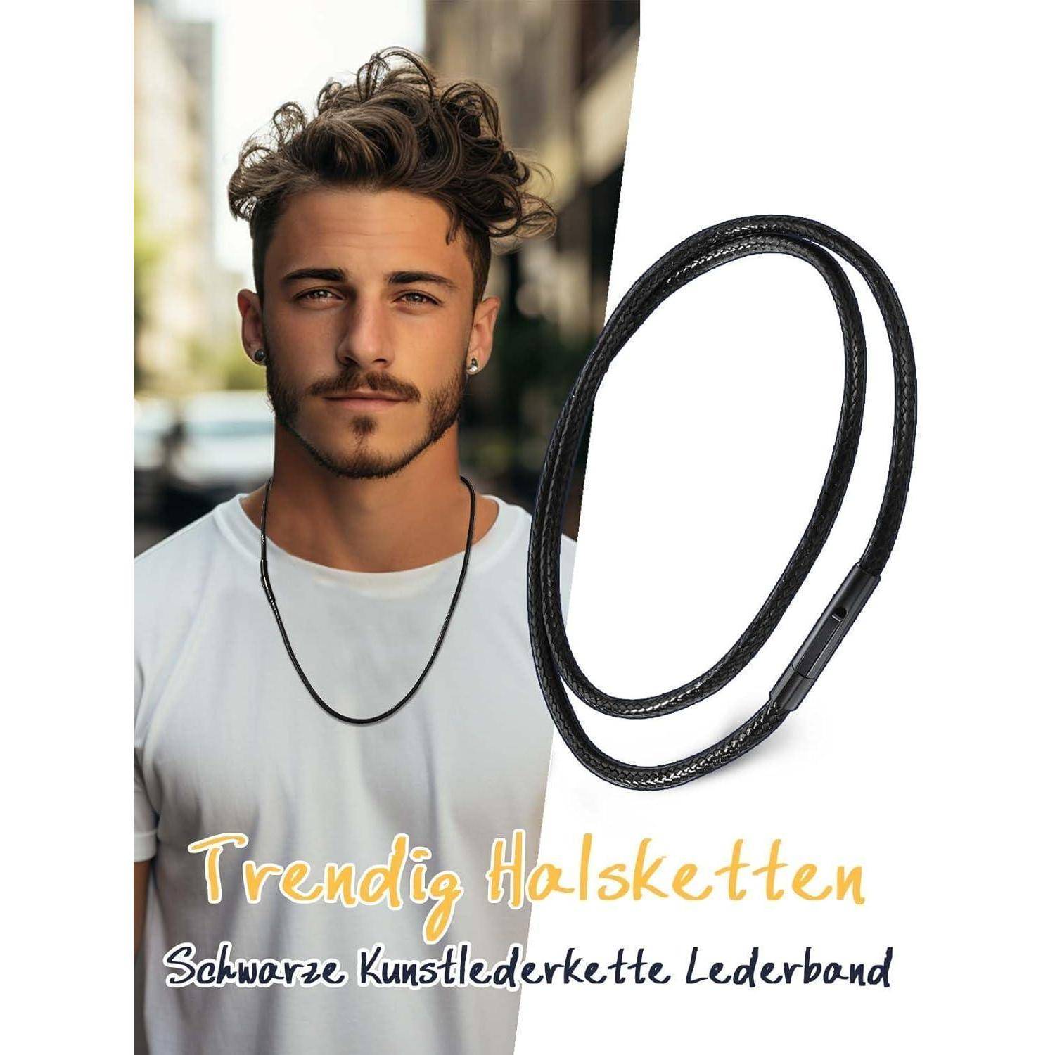 Trendige Halsketten' Poster, das eine Person zeigt, die eine modische Halskette aus schwarzartigem Ledercord mit urbanem Hintergrund trägt.
