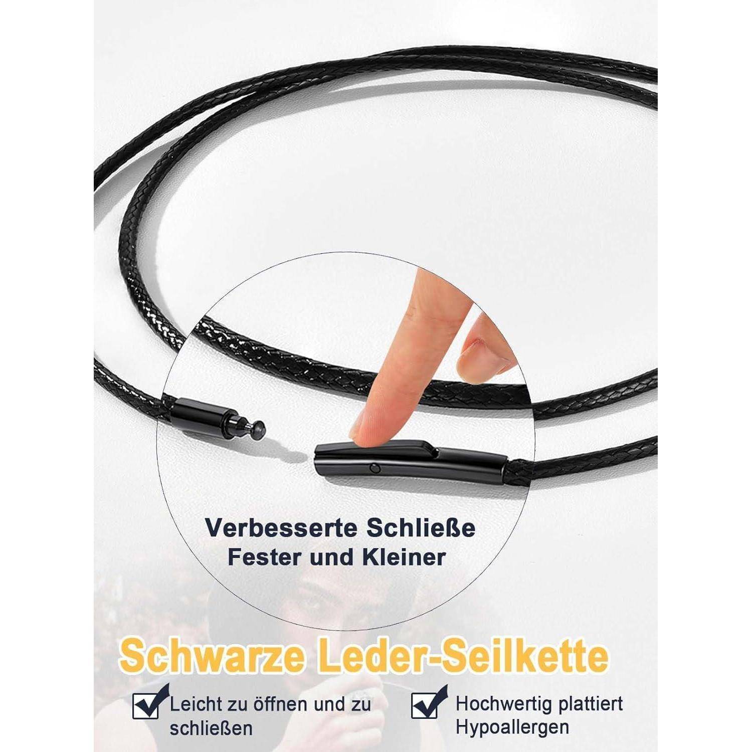 Eine Halskette aus schwarzem Lederband mit verbesserter Schließe, eng anliegend und kleiner. Einfach zu öffnen und zu schließen. Hochwertig beschichtet, hypoallergen.
