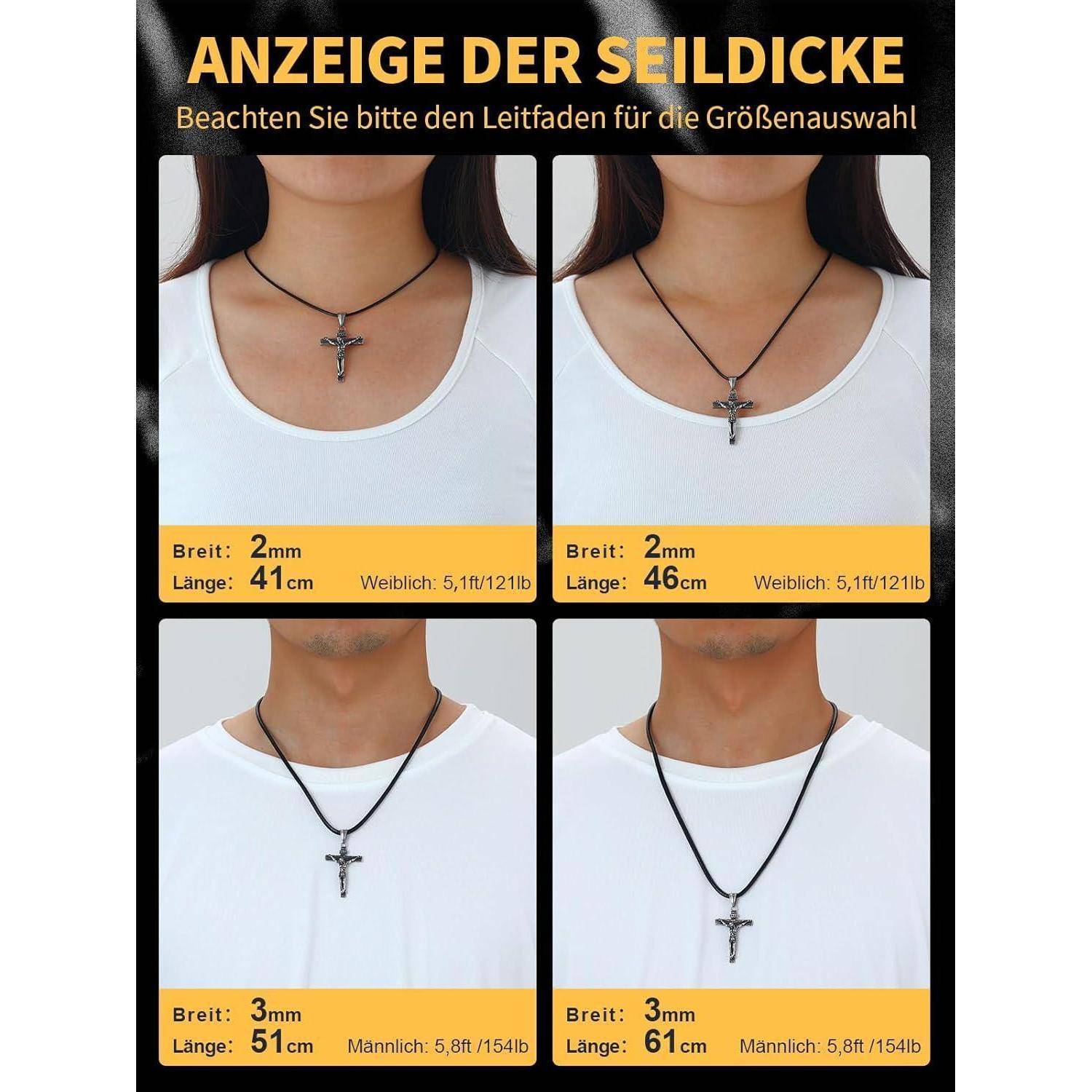 Vier Panels zeigen Halsketten mit unterschiedlichen Kettenlängen und -breiten an Menschen. Der Text gibt Kettenbreite und -länge für männliche und weibliche Größen an.