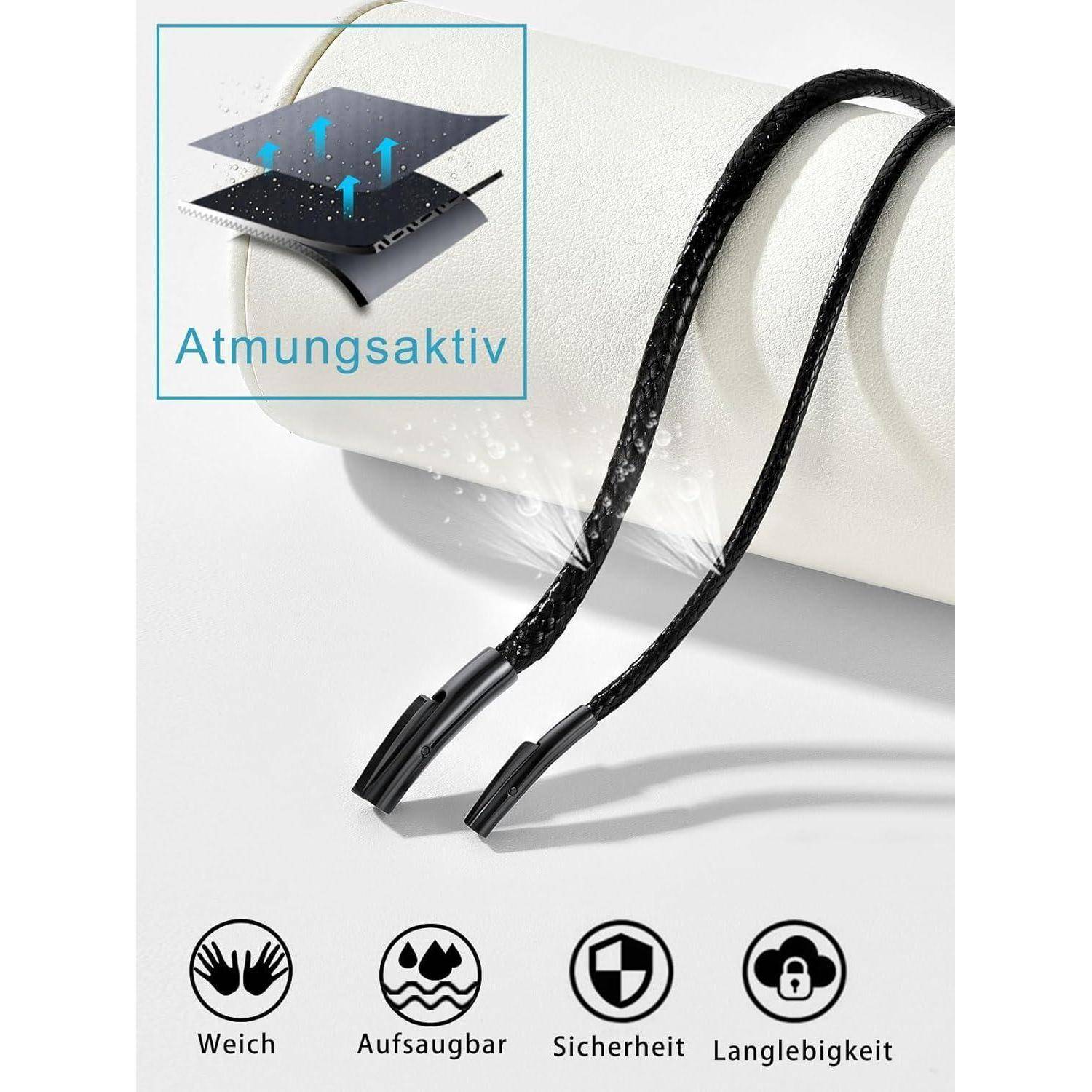 Atmungsaktive Einlegesohlen mit Luftströmungsdiagramm, die Weichheit, Absorptionsfähigkeit, Sicherheit und Haltbarkeit betonen. Schwarz-weiß-Design.