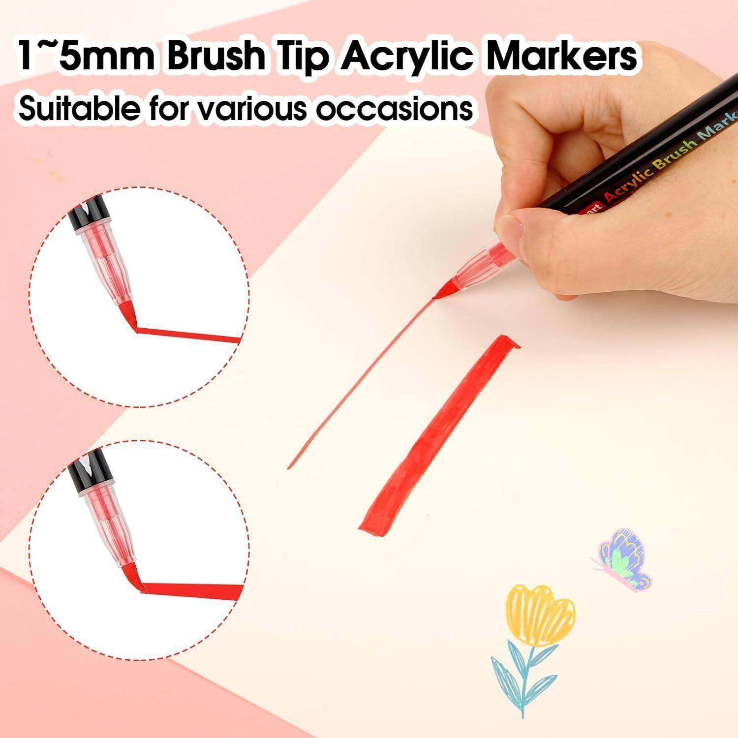 Eine Hand verwendet einen Acrylmarker mit Pinselspitze von 1~5 mm, um eine rote Linie auf Papier zu ziehen, mit dem Text „Geeignet für verschiedene Anlässe.