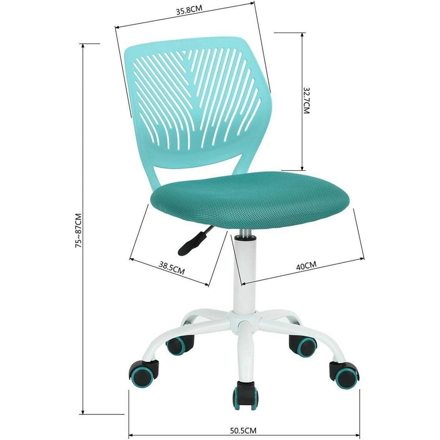 Türkisfarbener Bürodrehstuhl mit gelochter Rückenlehne und höhenverstellbar, dargestellt mit Maßen: 75-87 cm hoch, 50,5 cm breit.