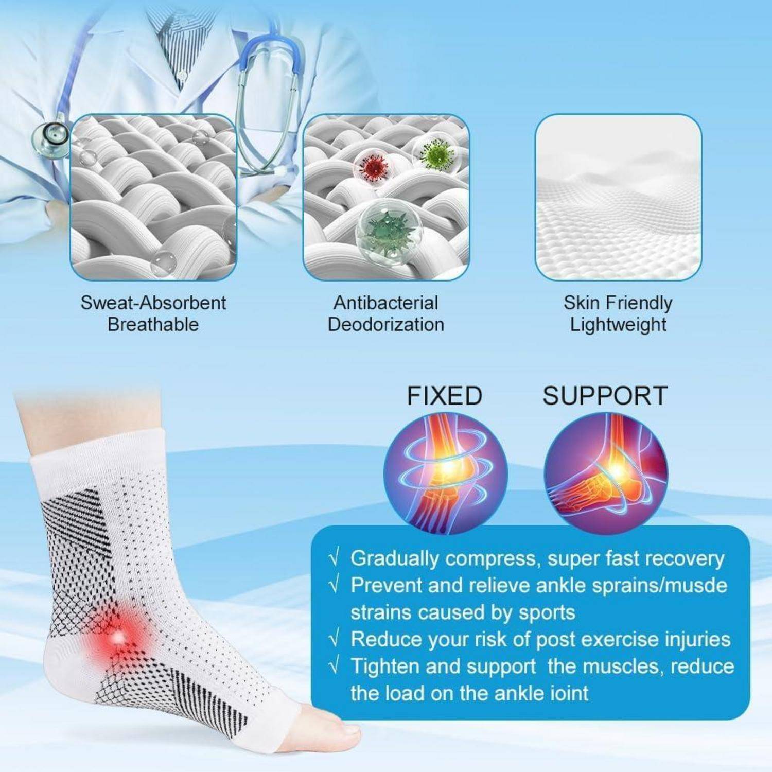 Ein Werbebild für eine Sprunggelenkbandage mit folgenden Merkmalen: atmungsaktiv, geruchshemmend und hautfreundlich. Hervorgehobene Vorteile wie Verletzungsprävention und schnellere Regeneration.