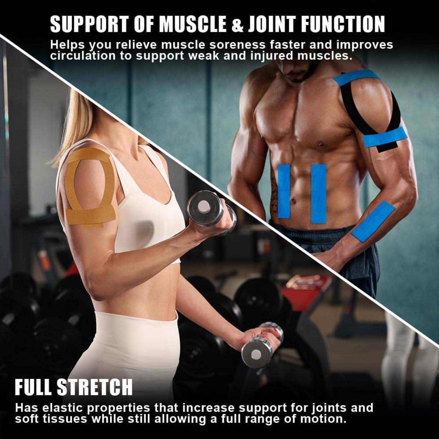 Unterstützung der Muskel- & Gelenkfunktion zeigt eine Frau und einen Mann, die während der Übung elastische Bänder verwenden, um die Erholung und Flexibilität zu verbessern.