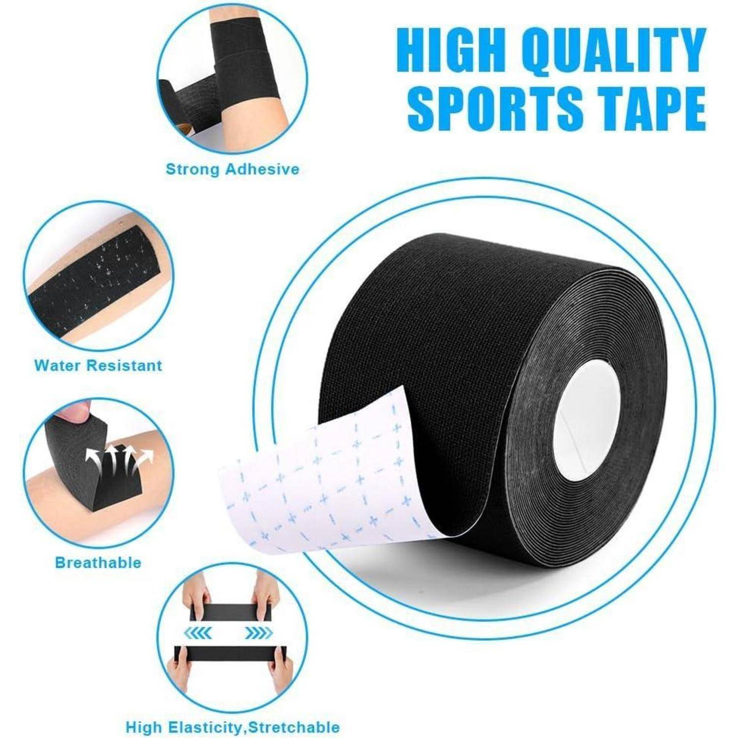 Hochwertiges Sporttape mit einer Rolle schwarzen Tapes und Details, die den starken Klebstoff, die Wasserbeständigkeit, Atmungsaktivität und Dehnbarkeit hervorheben.