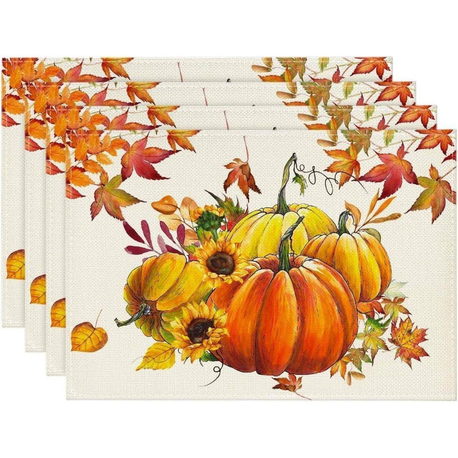 Herbst Tischsets 4er Set Kürbisse Ahornblätter Sonnenblumen 37cm