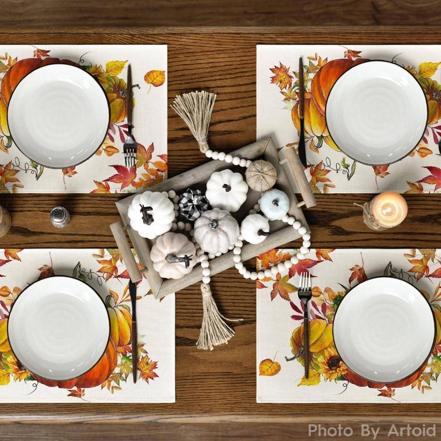 Herbst Tischsets 4er Set Kürbisse Ahornblätter Sonnenblumen 37cm