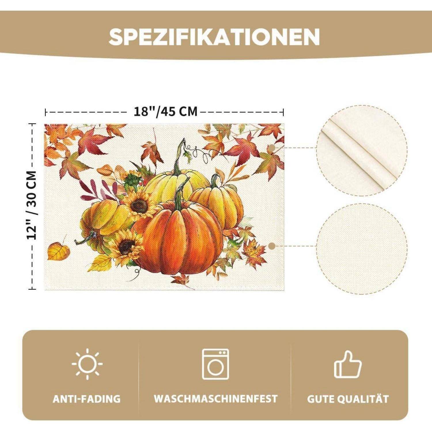 Herbst Tischsets 4er Set Kürbisse Ahornblätter Sonnenblumen 37cm
