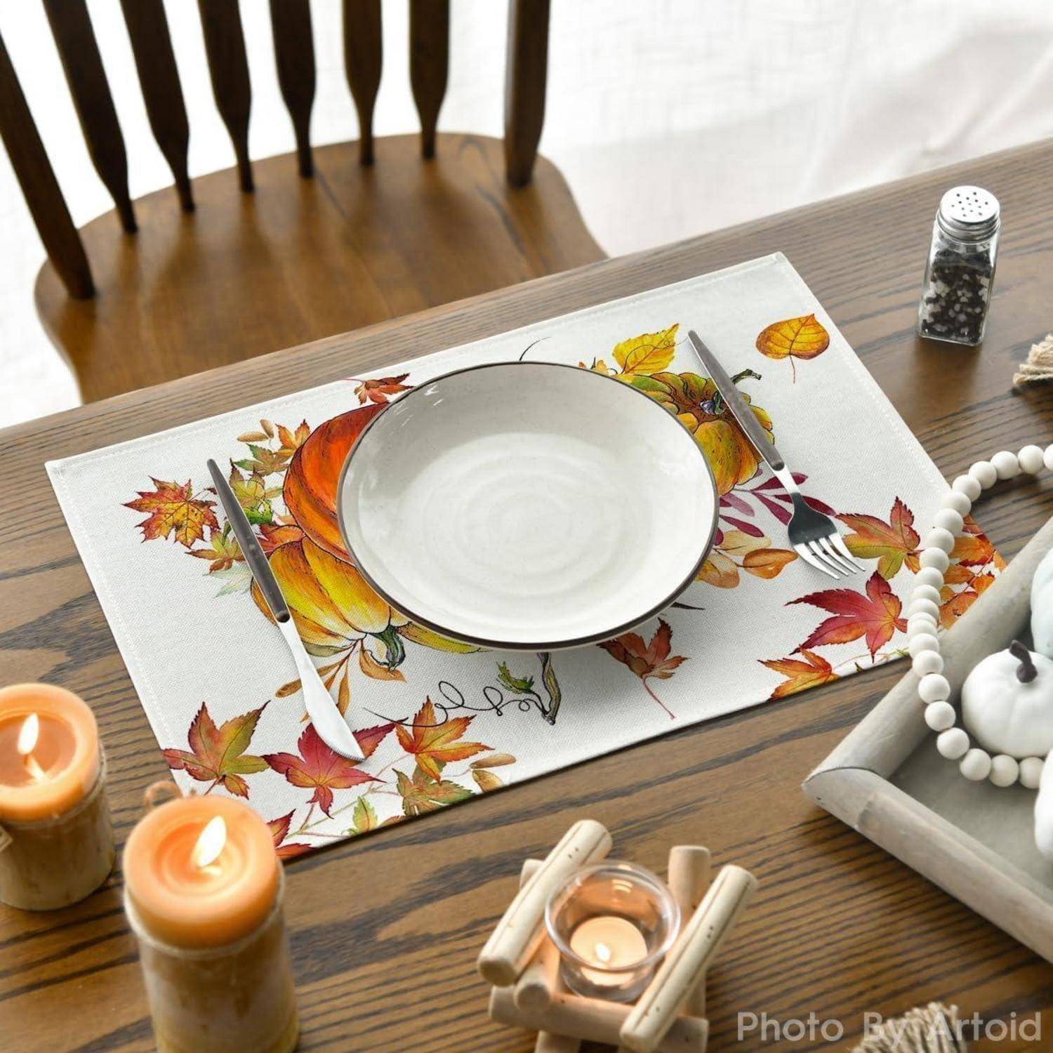 Herbst Tischsets 4er Set Kürbisse Ahornblätter Sonnenblumen 37cm