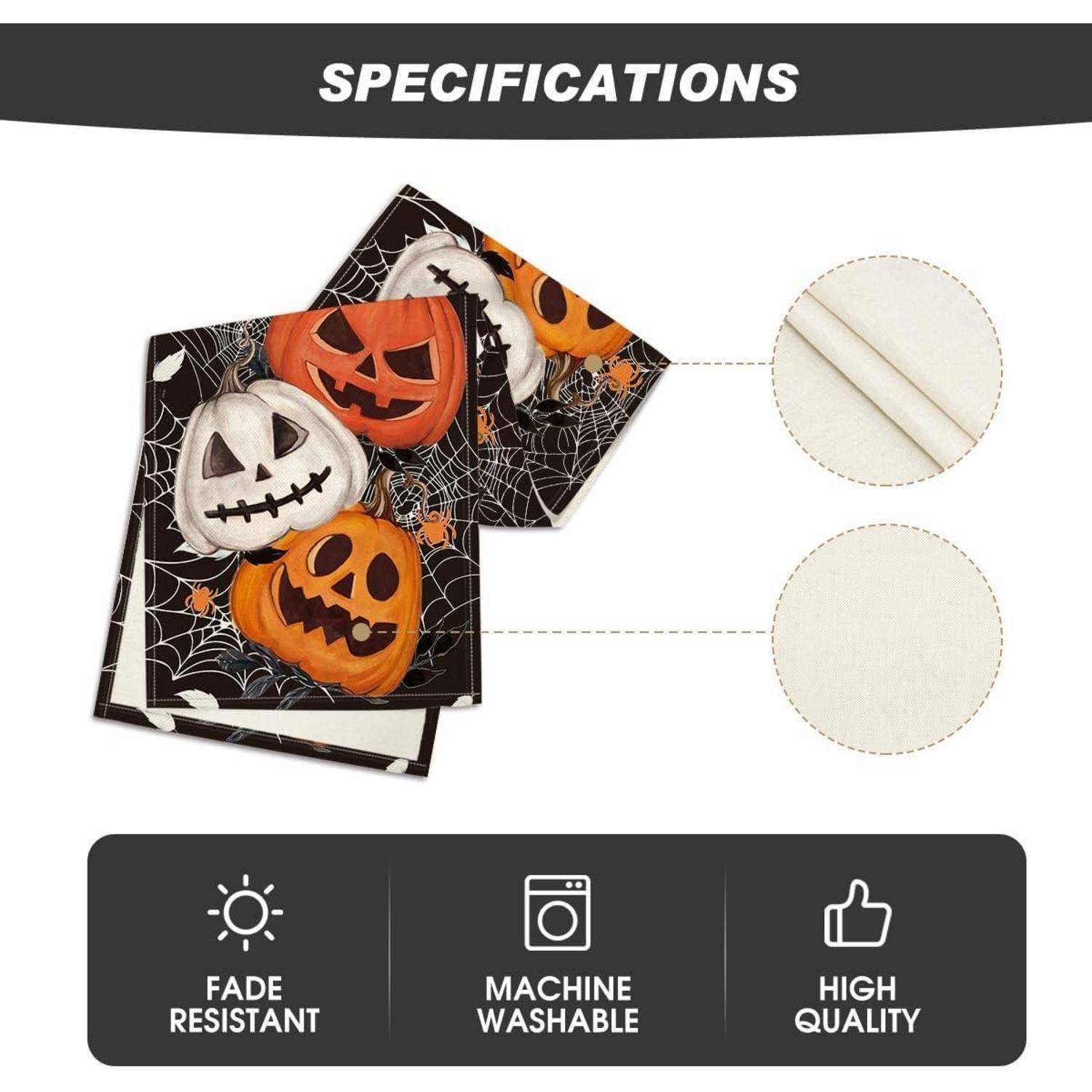 Halloween-Servietten mit Kürbisgesichtern und Spinnweben. Hervorgehobene Merkmale: ausbleichbeständig, maschinenwäschetauglich, hochwertig.