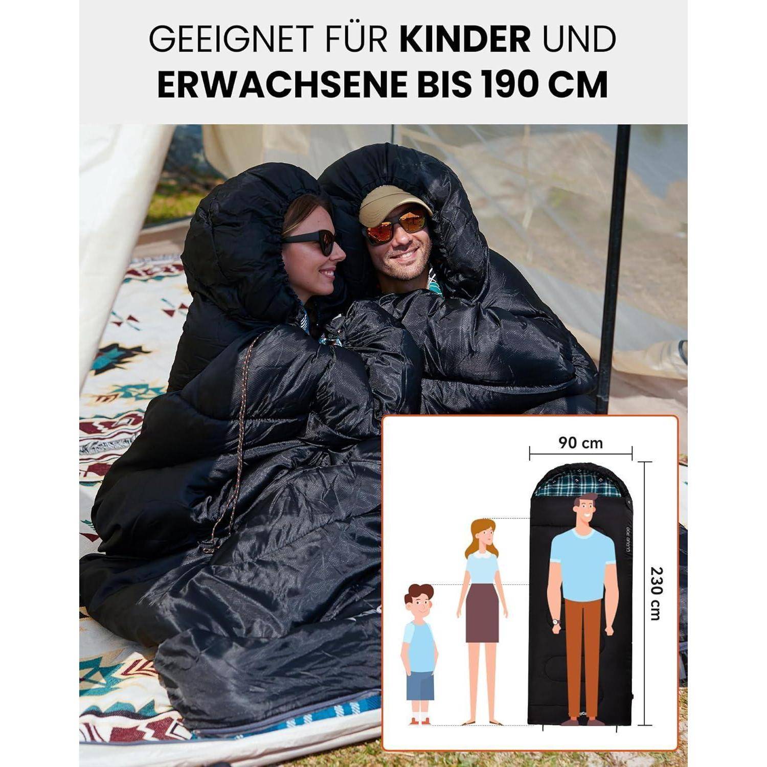 Zwei Personen in einem Schlafsack unter einem Zelt; geeignet für Kinder und Erwachsene bis zu 190 cm. Diagramm zeigt Abmessungen: 90 cm breit, 230 cm hoch.