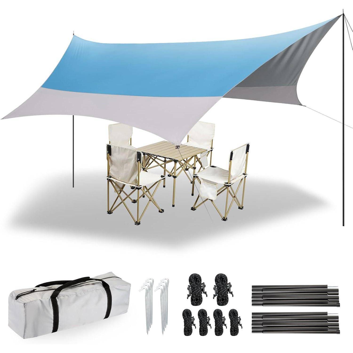 Ein blau-grauer Outdoor-Pavillon ist über einem Klapptisch und Klappstühlen aufgebaut. Enthalten sind Stangen, Heringe, Seile und eine Aufbewahrungstasche.