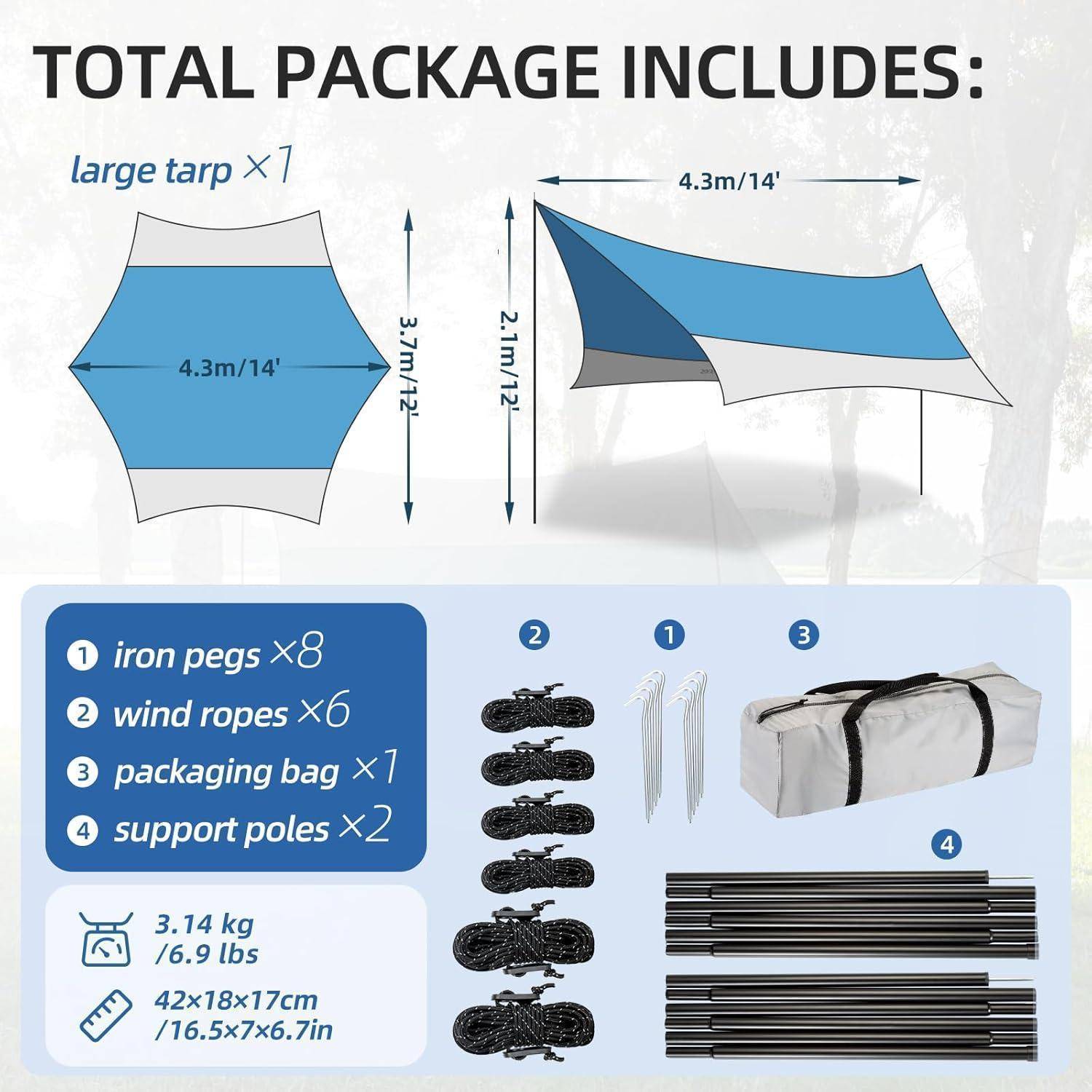 Komplettes Paket enthält: große Plane, Erdheringe x8, Windseile x6, Transporttasche x1, Stütztange x2. Gewicht: 3,14 kg. Abmessungen: 42x18x17 cm. Diagramm zeigt Planendimensionen mit Layout.