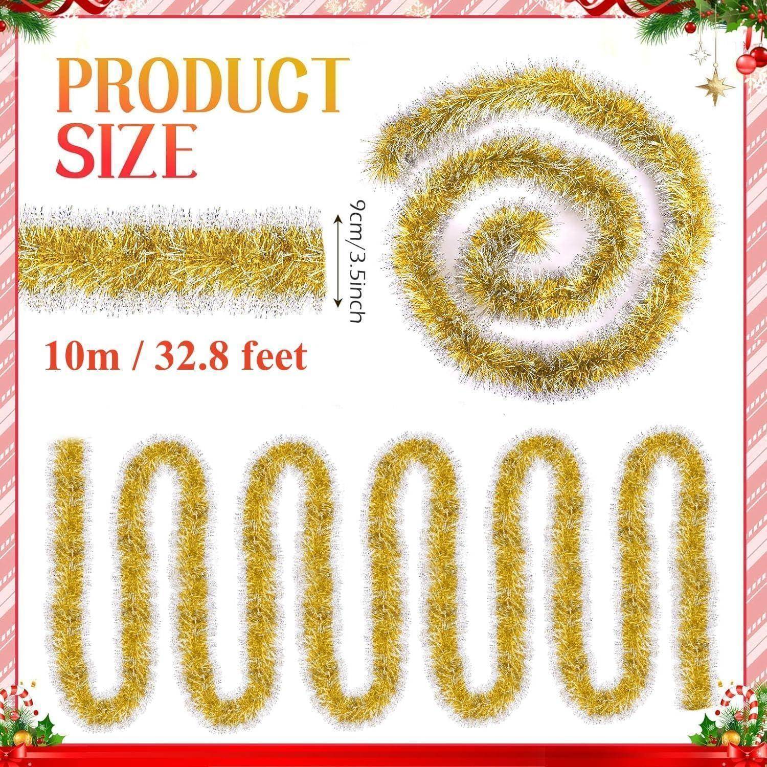Gold-Lametta-Girlande, 9 cm breit und 10 m lang, aufgewickelt und wellig dargestellt. Banner mit der Aufschrift 