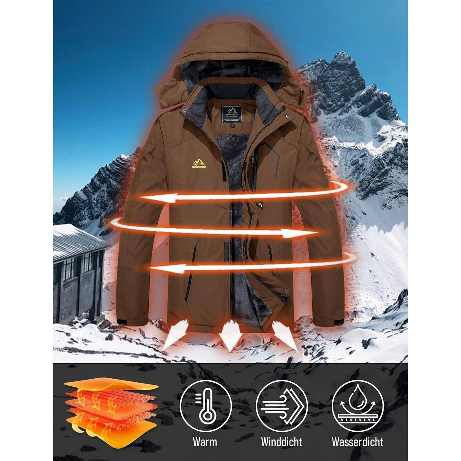 Eine braune Jacke mit Pfeilen, die Wärme-, Winddichtigkeits- und Wasserdichtigkeitseigenschaften anzeigen, vor einer verschneiten Bergkulisse.