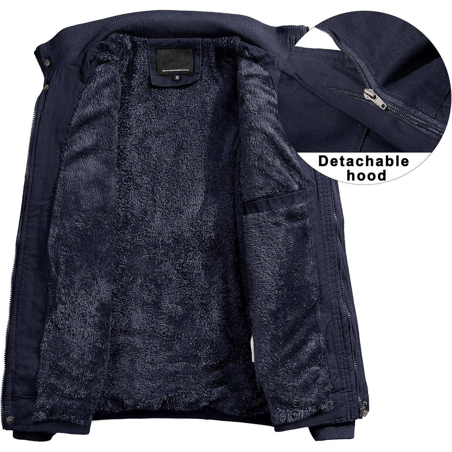 Winterjacke Herren Fleece Winterparka Winddicht Kapuze L Dunkelblau