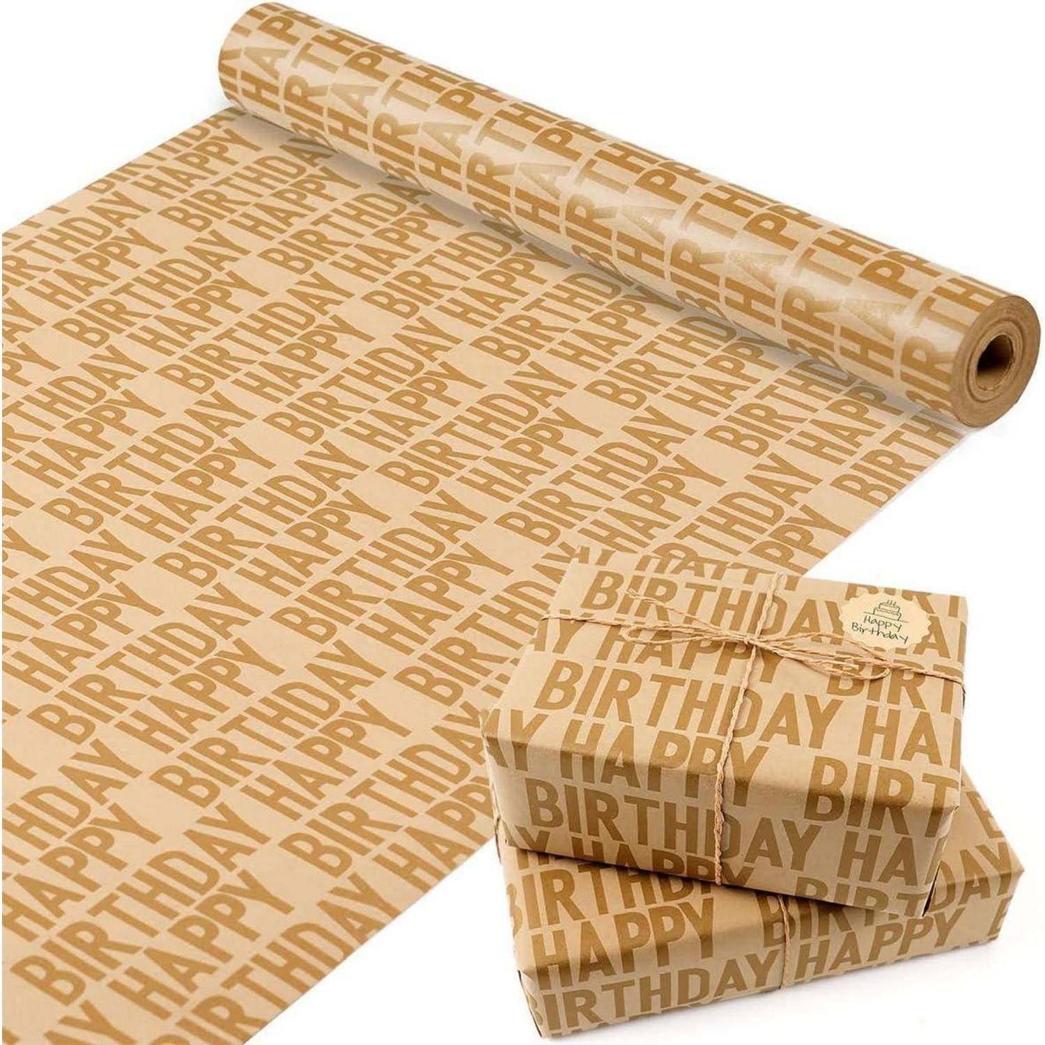 Geschenkpapier Geburtstagsrolle Kraftpapier Gold Happy Birthday 15m x