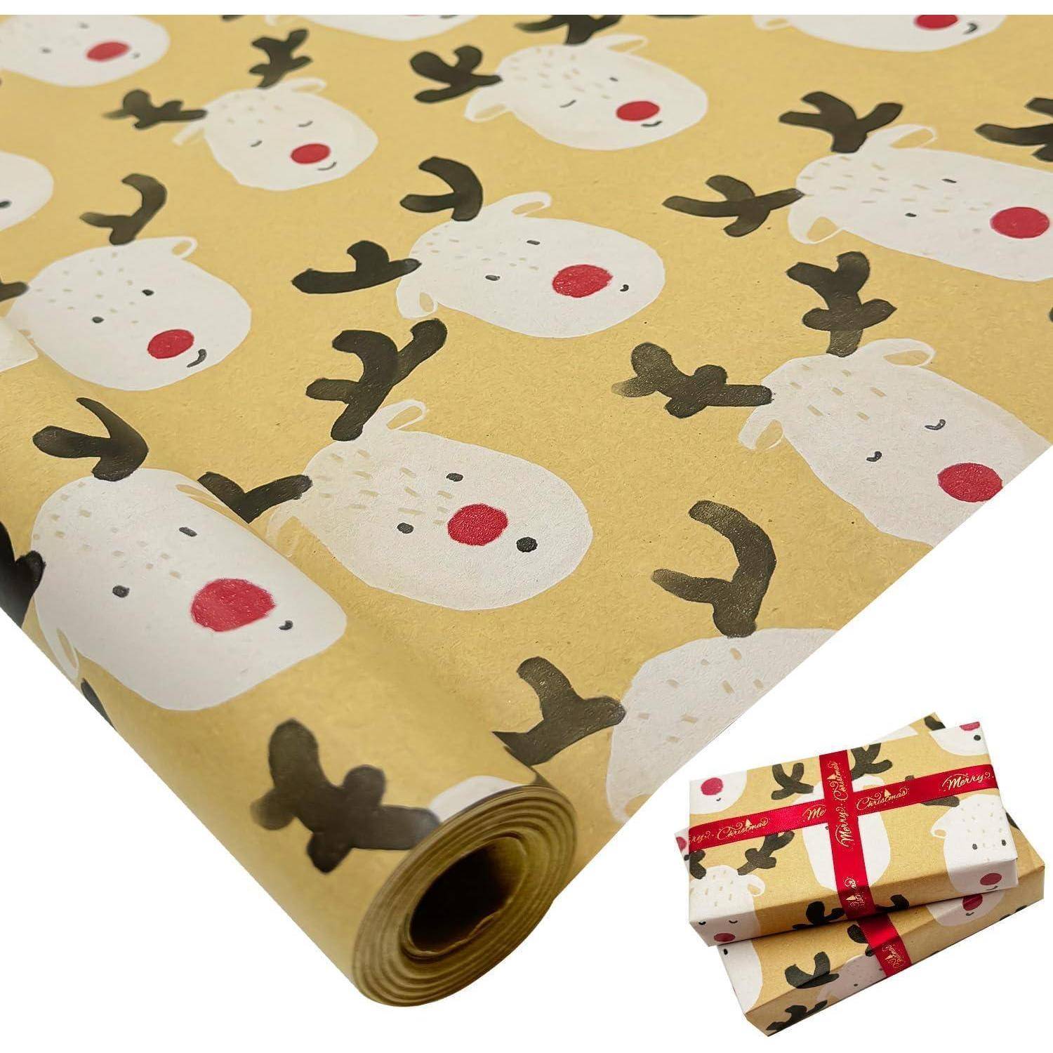 Großes Weihnachts-Geschenkpapier 76cm x 12m Elch Design Kraftpapier