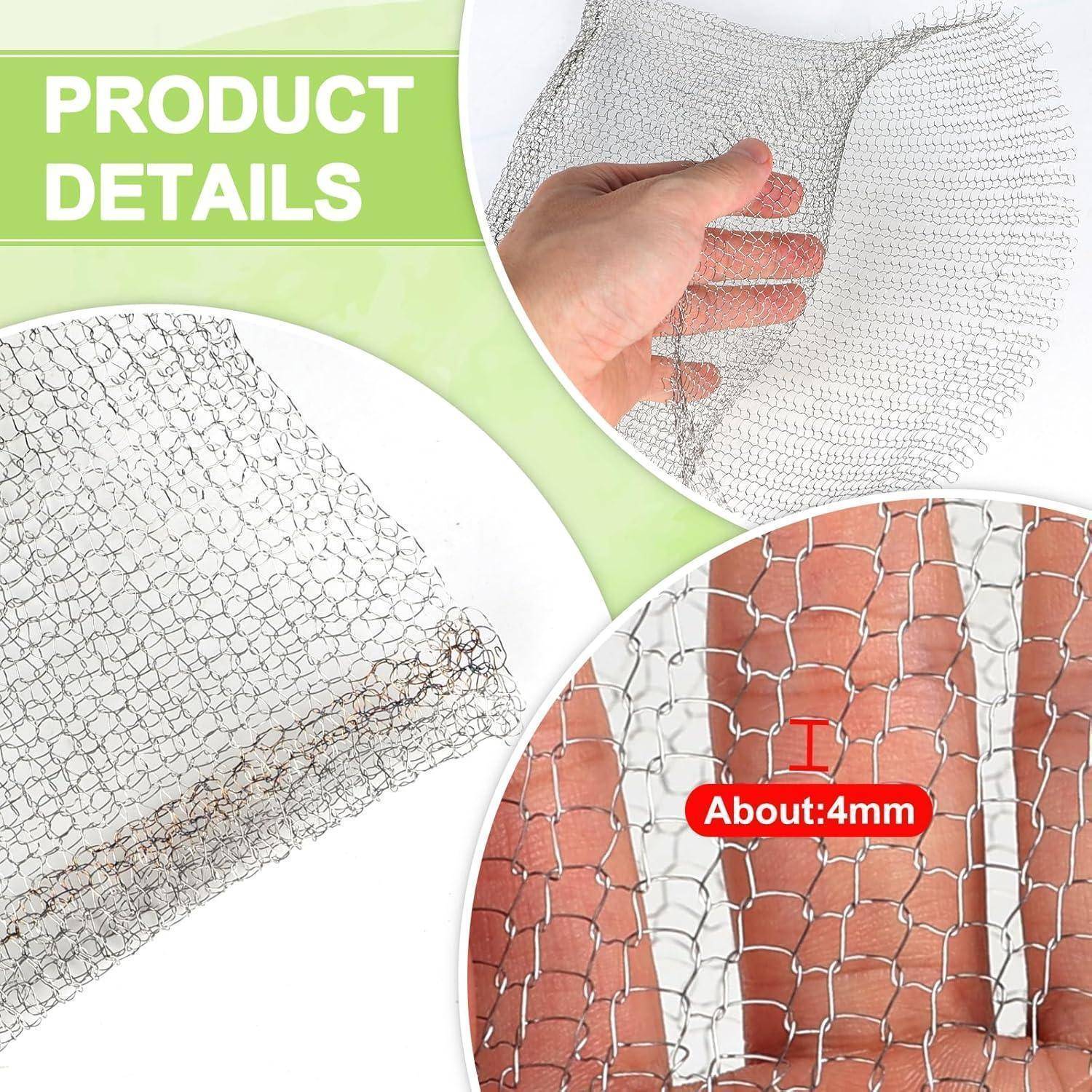 Eine Hand, die flexibles Metallgewebe hält, mit einer Nahaufnahme des Gewebes, das eine Breite von etwa 4 mm zeigt. Text 'PRODUKTDETAILS' in der Ecke.